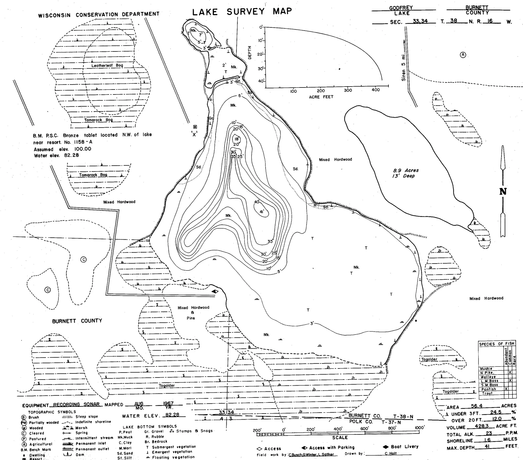 Godfrey Lake historical Wisconsin DNR depth map sheet 1