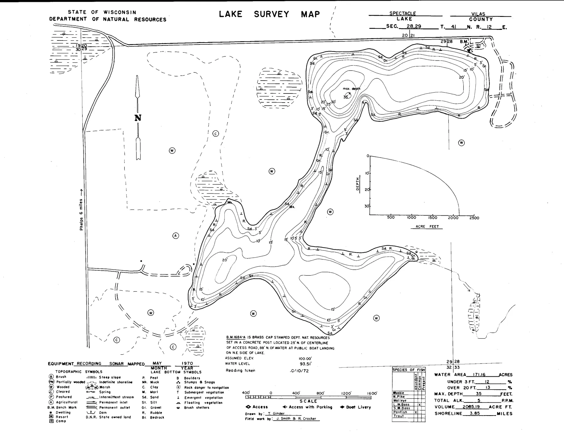Spectacle Lake historical Wisconsin DNR depth map sheet 1