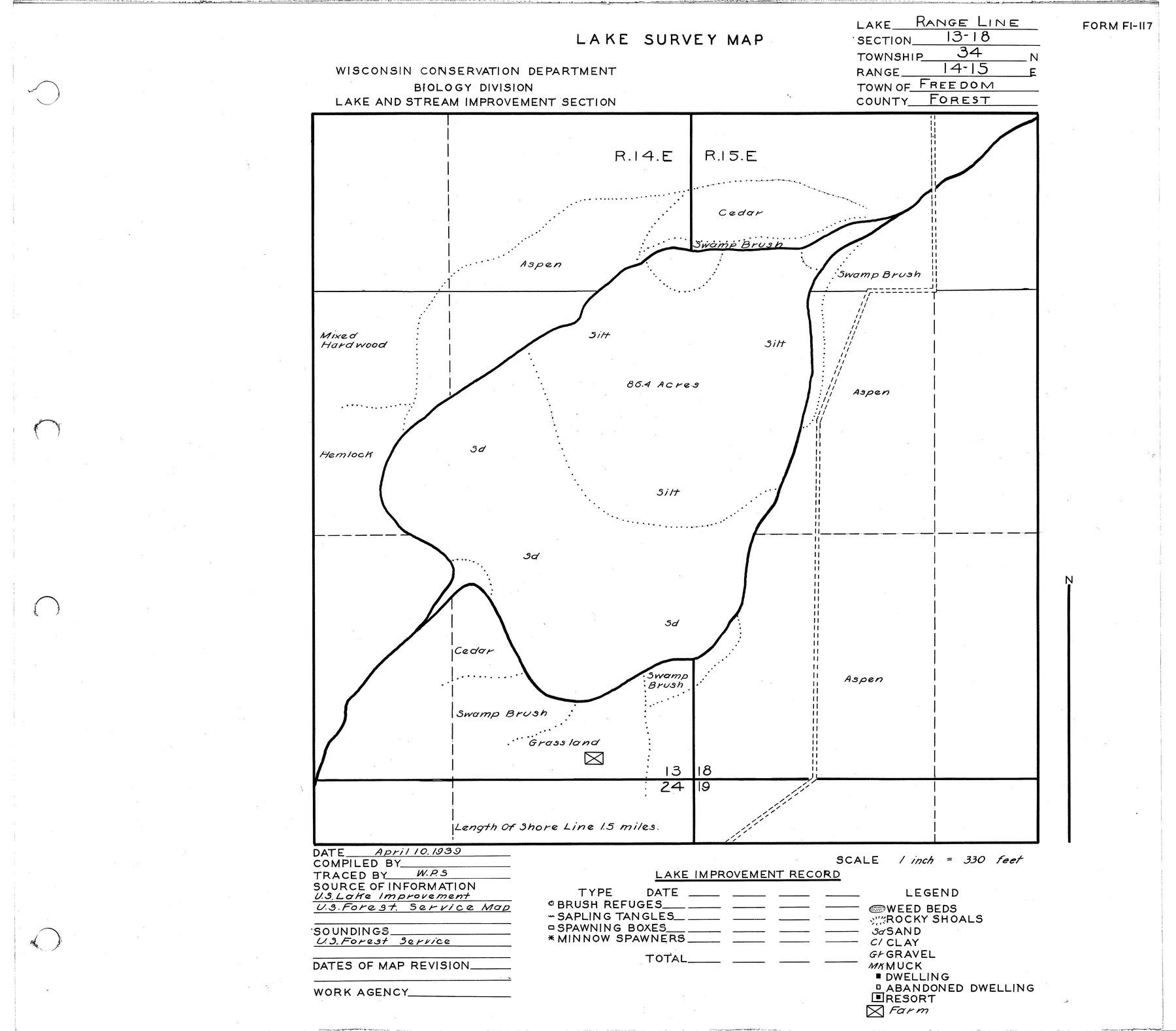 Range Line Lake historical Wisconsin DNR depth map sheet 1