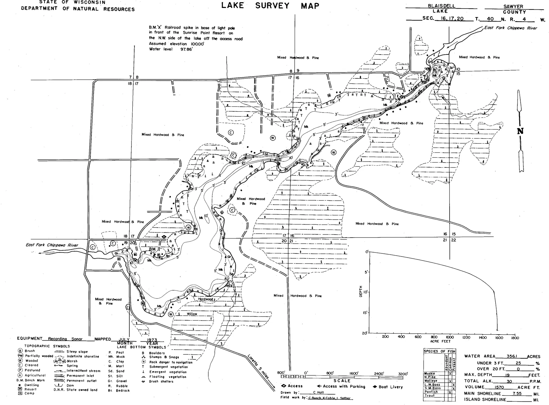 Blaisdell Lake historical Wisconsin DNR depth map sheet 1