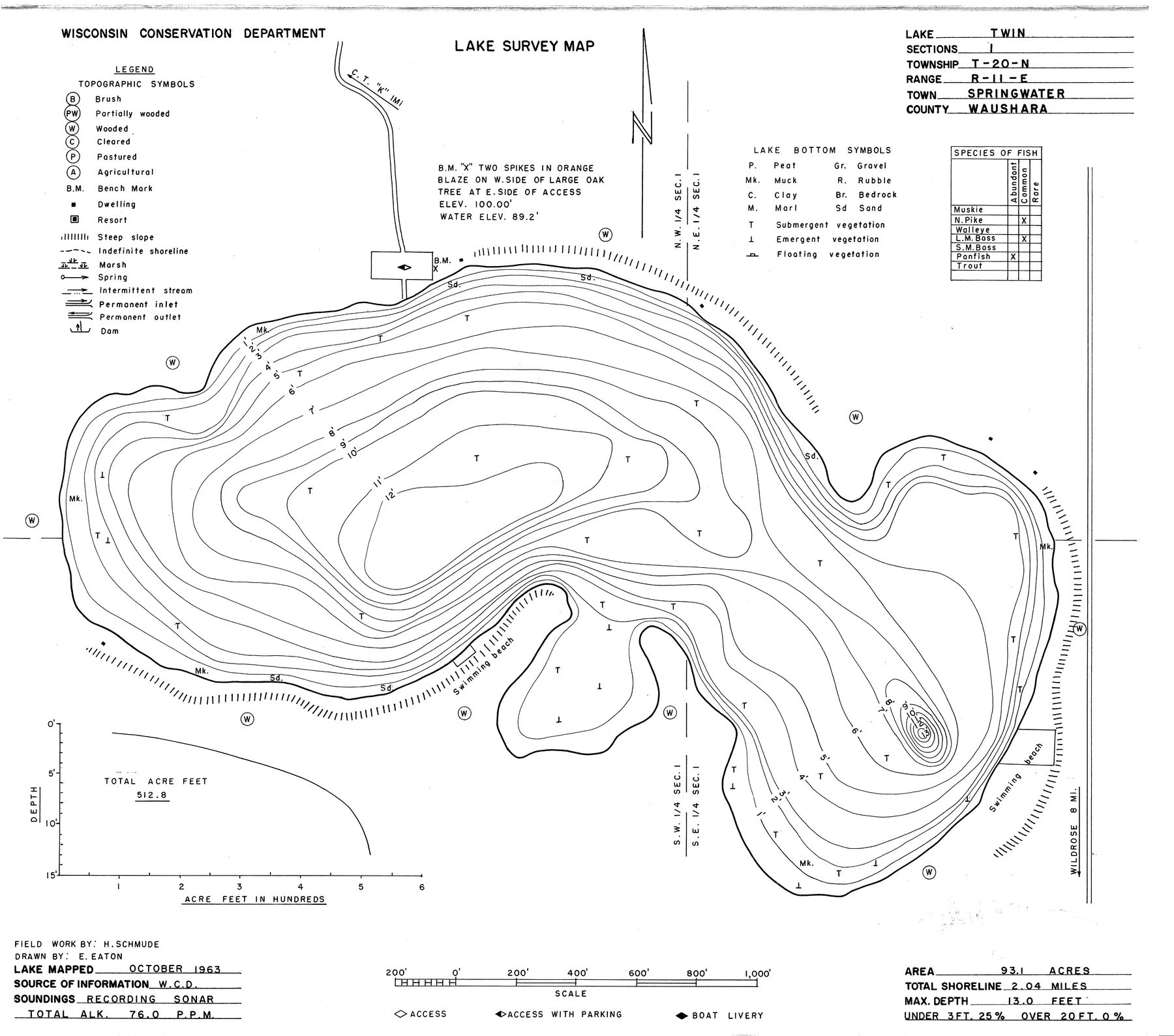 Twin Lake historical Wisconsin DNR depth map sheet 1