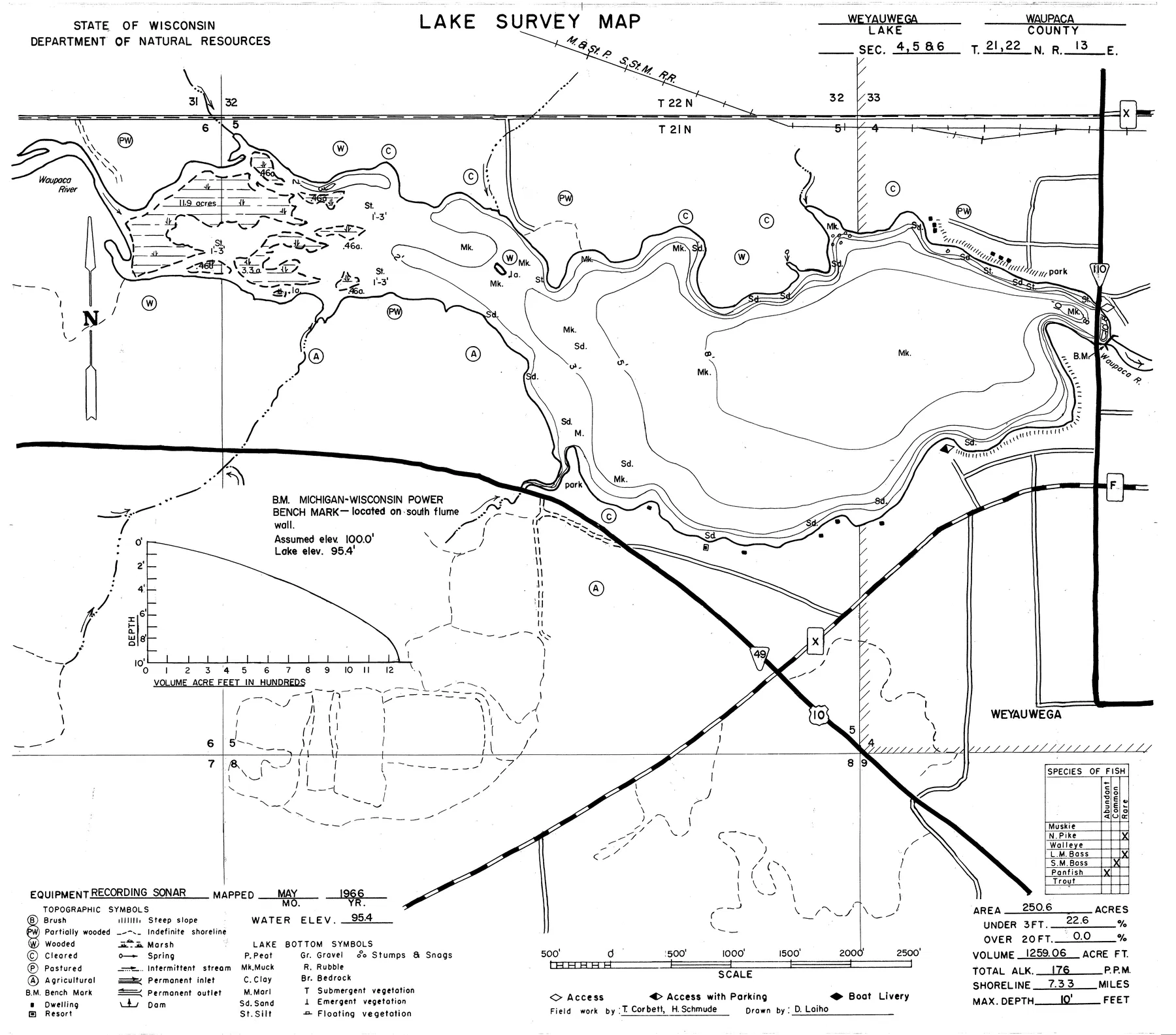 Weyauwega Lake historical Wisconsin DNR depth map sheet 1