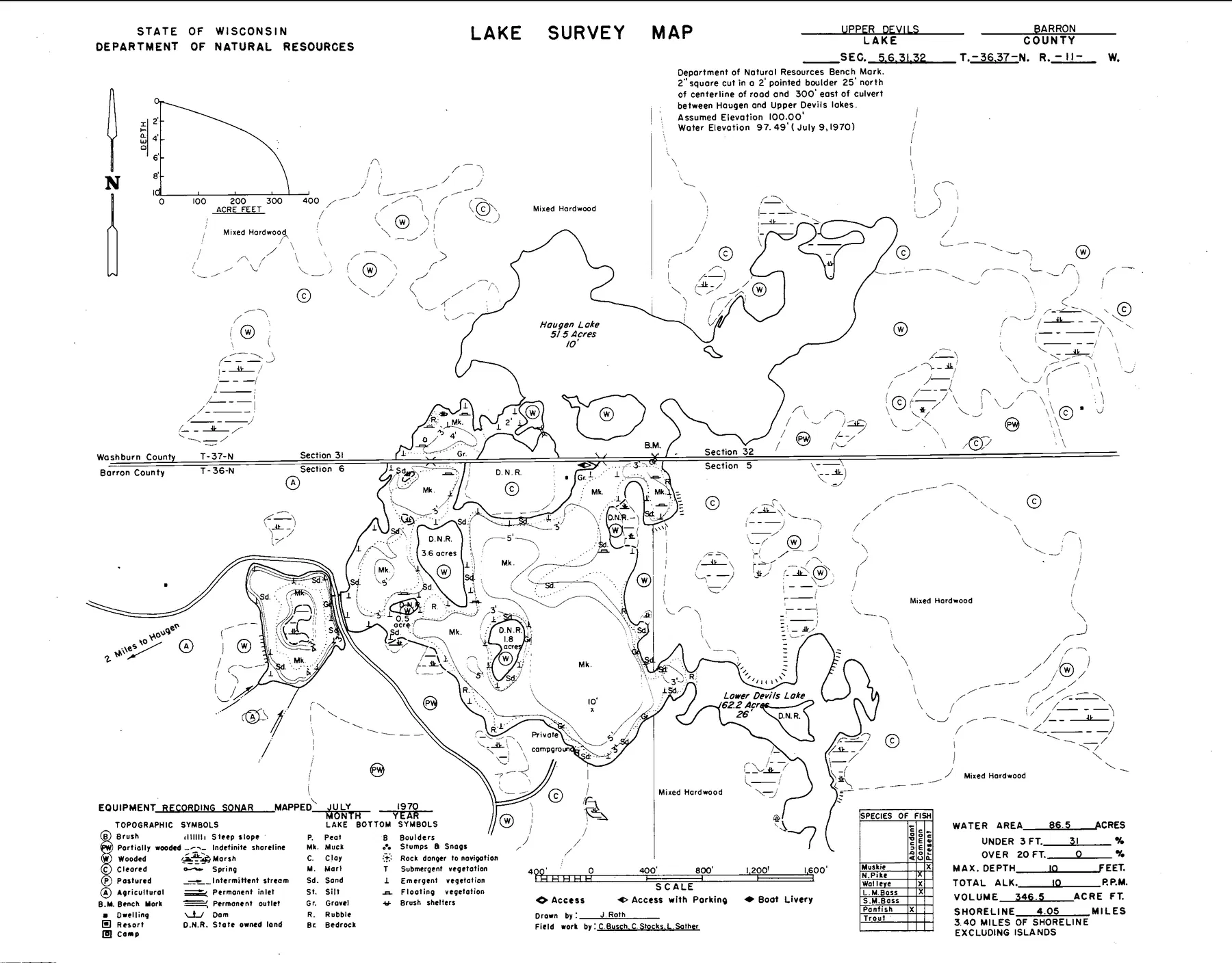 Upper Devils Lake historical Wisconsin DNR depth map sheet 1