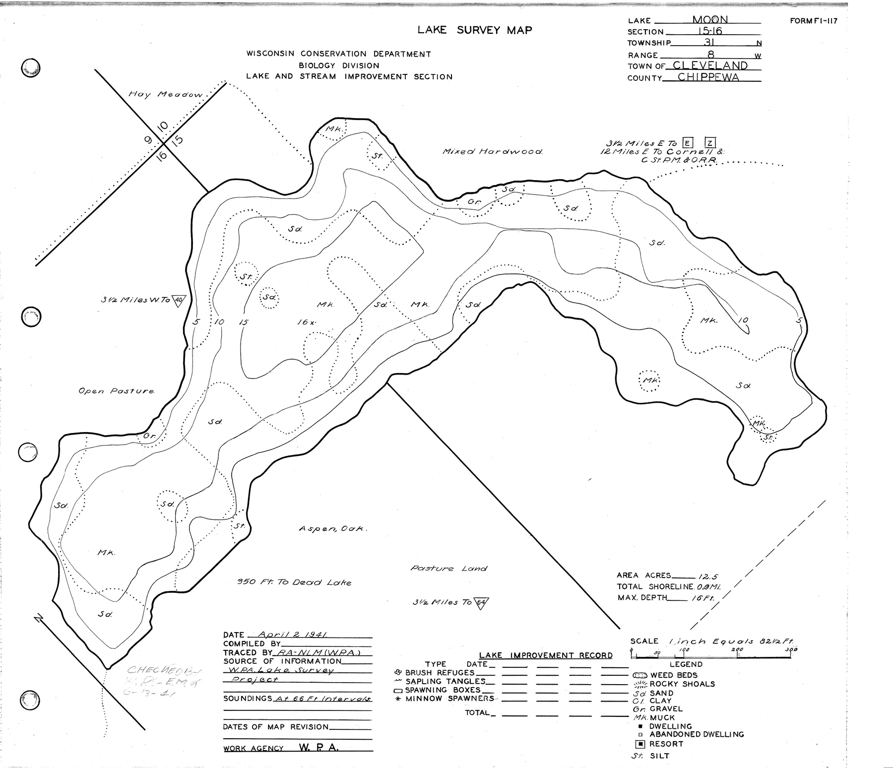 Moon Lake historical Wisconsin DNR depth map sheet 1