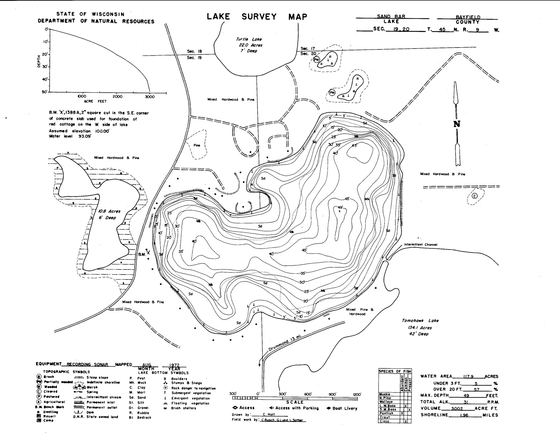 Sand Bar Lake historical Wisconsin DNR depth map sheet 1