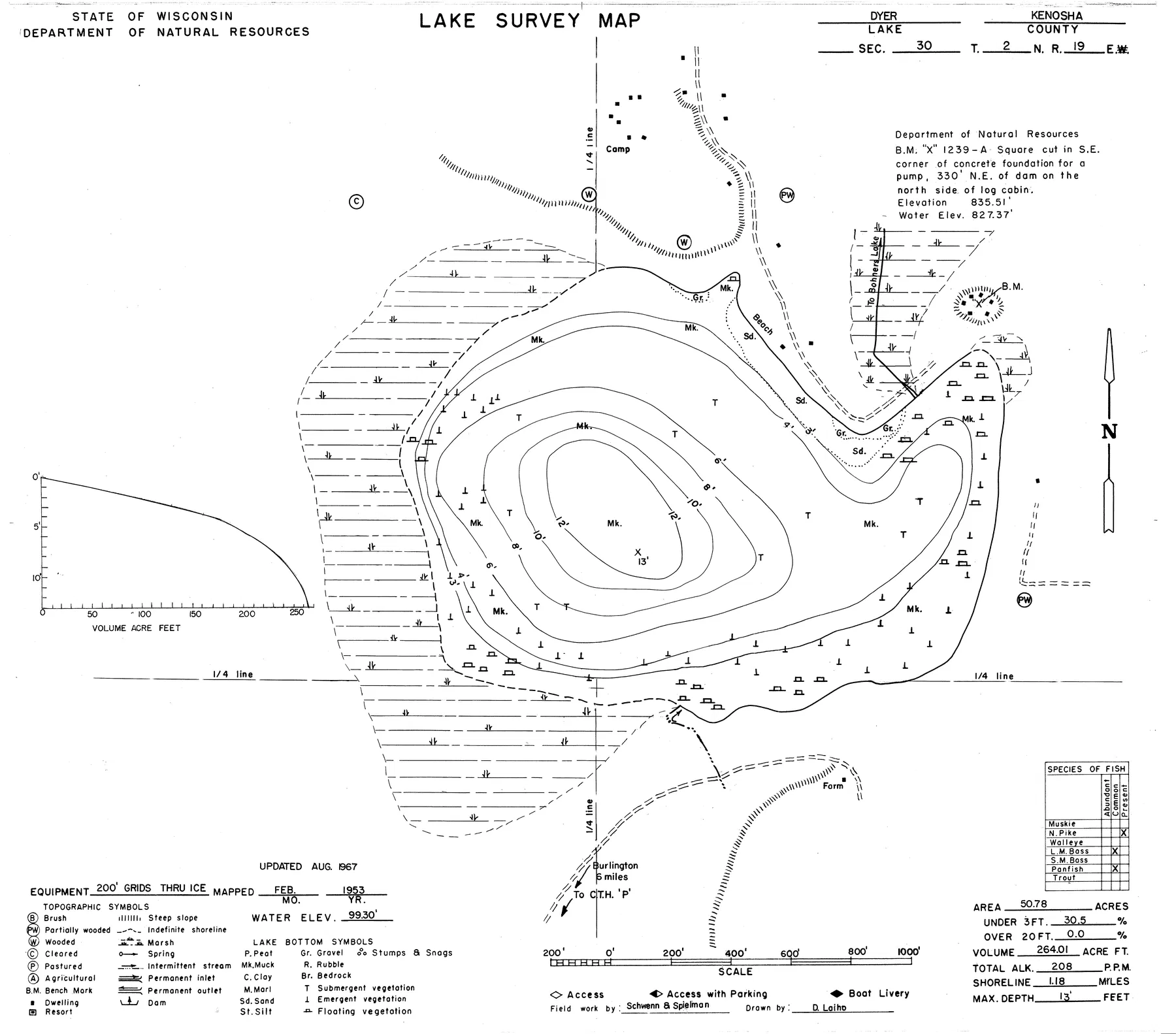 Dyer Lake historical Wisconsin DNR depth map sheet 1