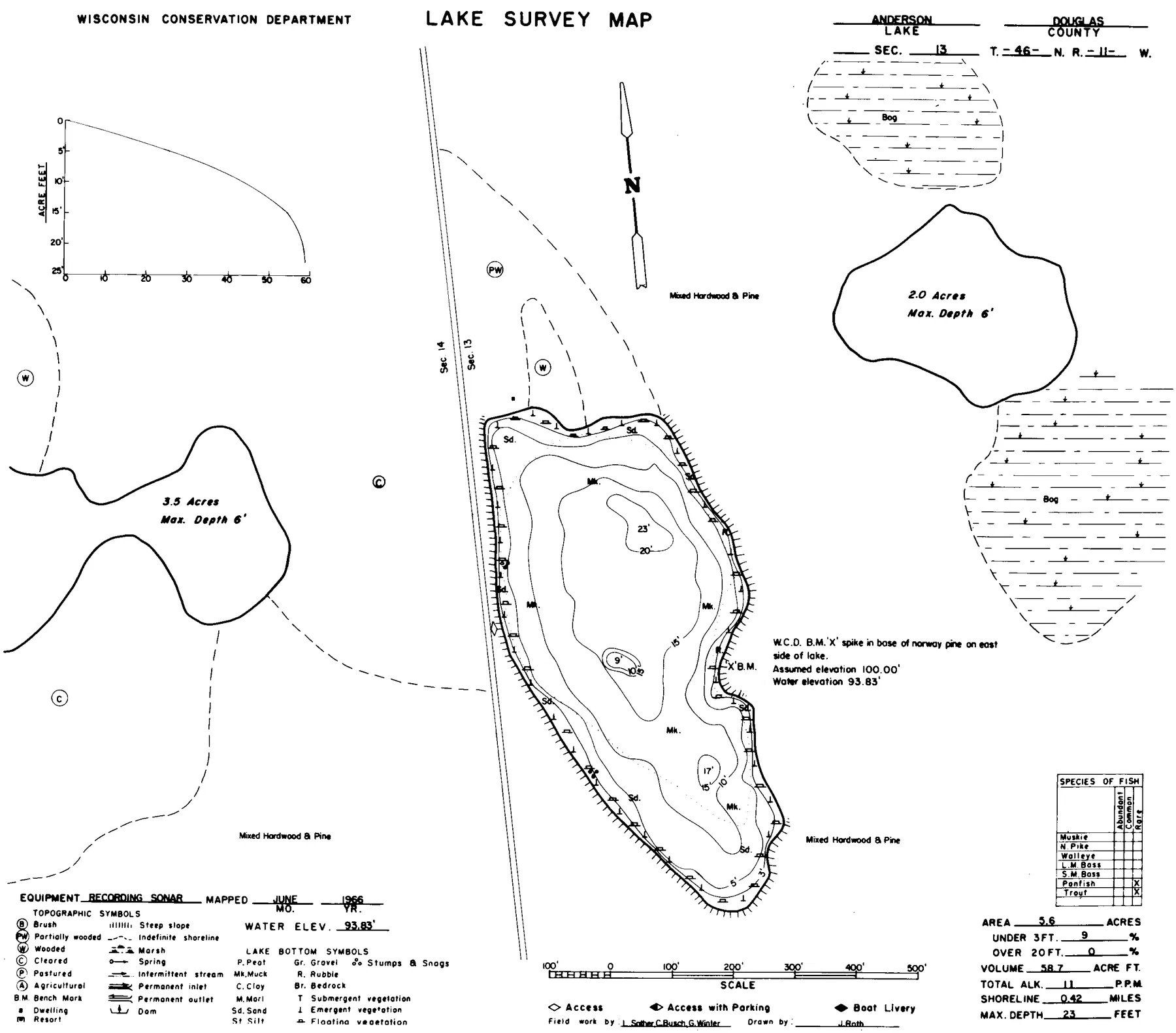 Anderson Lake historical Wisconsin DNR depth map sheet 1
