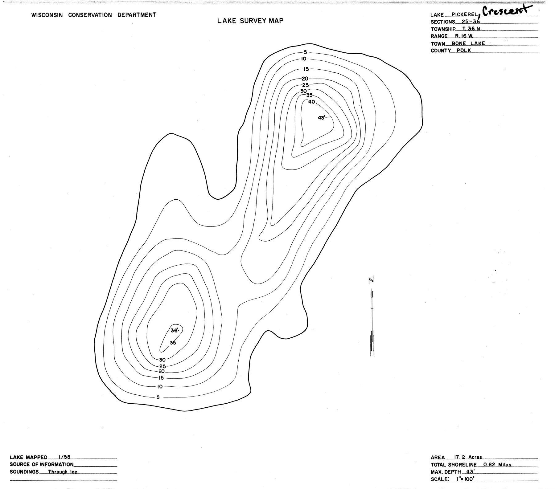Pickerel Lake historical Wisconsin DNR depth map sheet 1