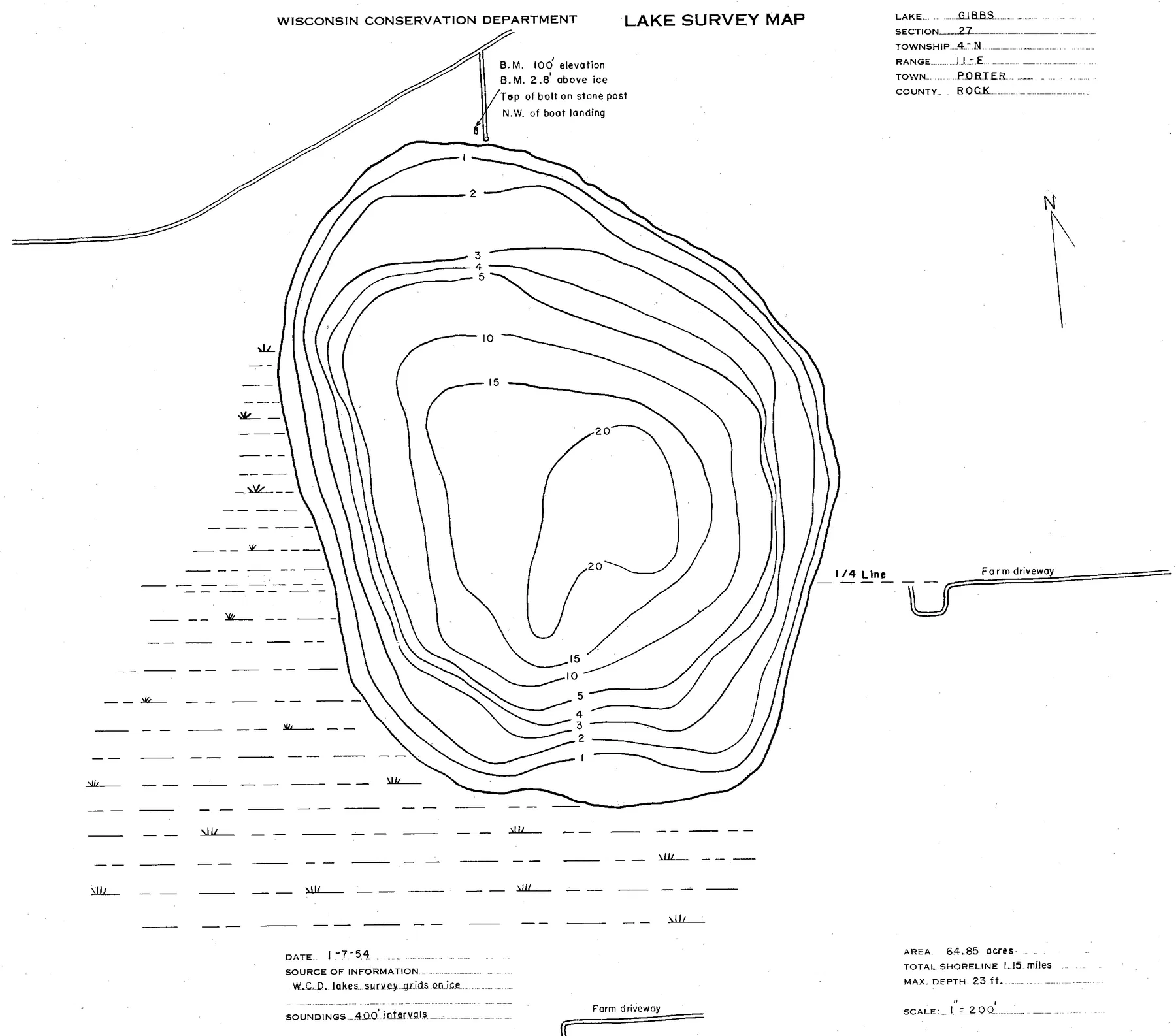 Gibbs Lake historical Wisconsin DNR depth map sheet 1