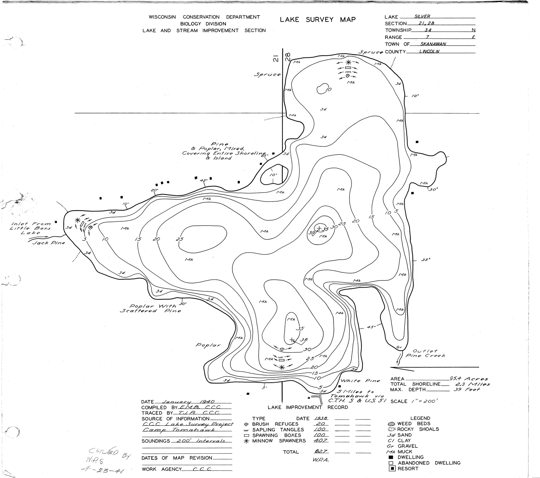 Silver Lake historical Wisconsin DNR depth map sheet 1