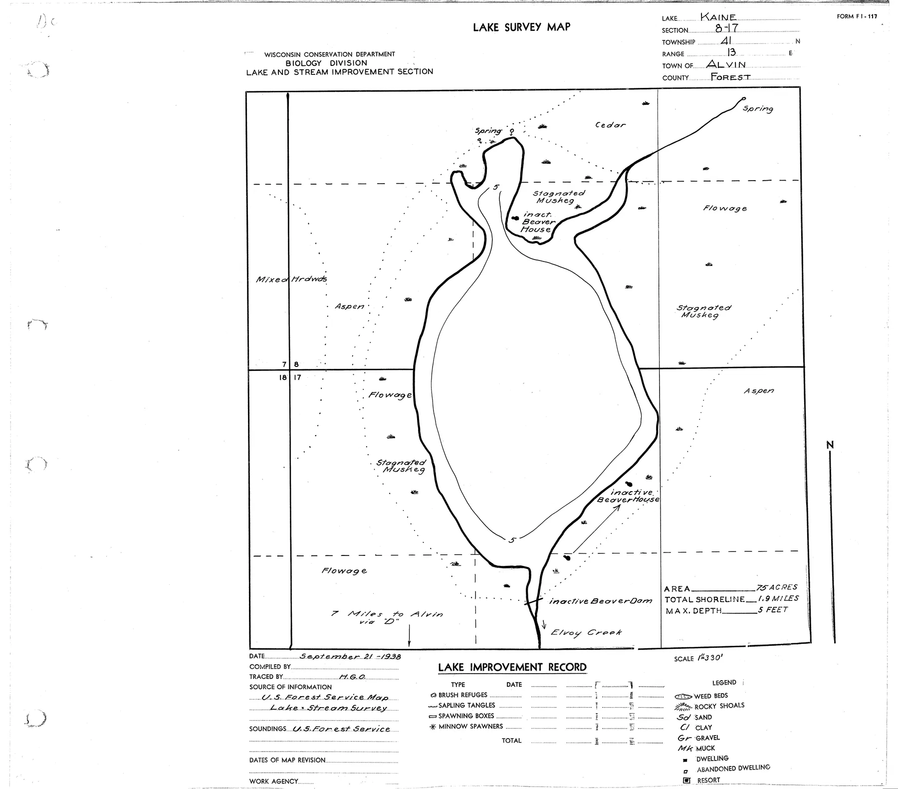 Kaine Lake historical Wisconsin DNR depth map sheet 1