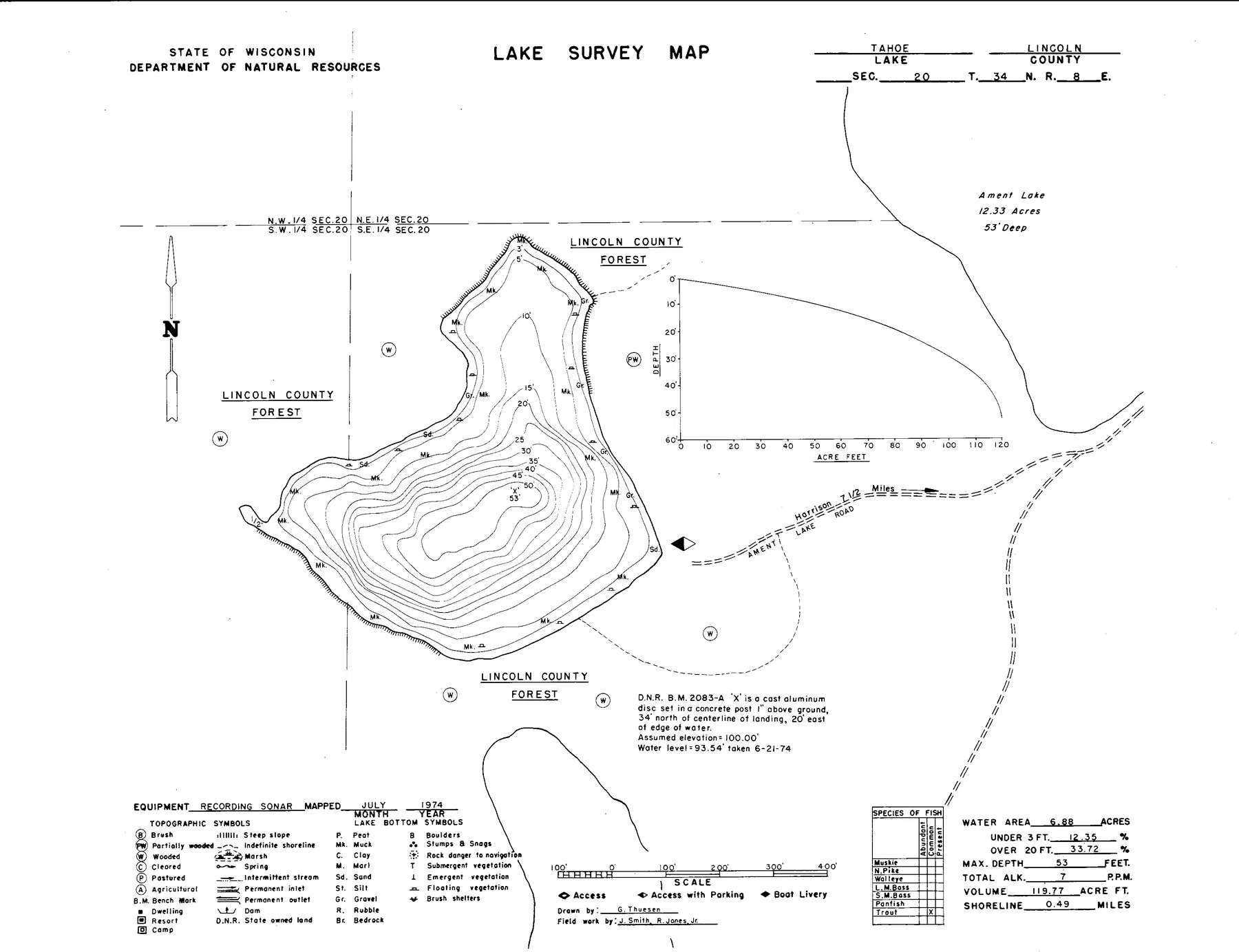 Tahoe Lake historical Wisconsin DNR depth map sheet 1