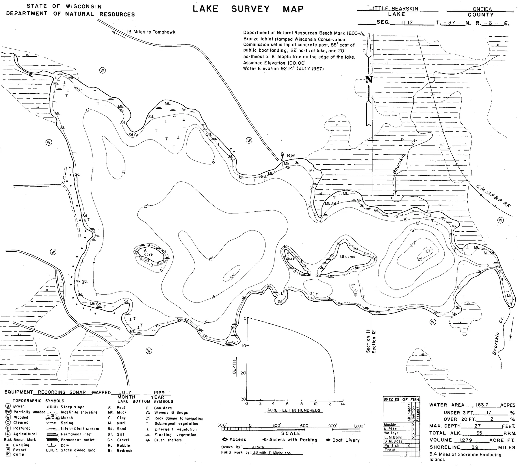 Little Bearskin Lake historical Wisconsin DNR depth map sheet 1
