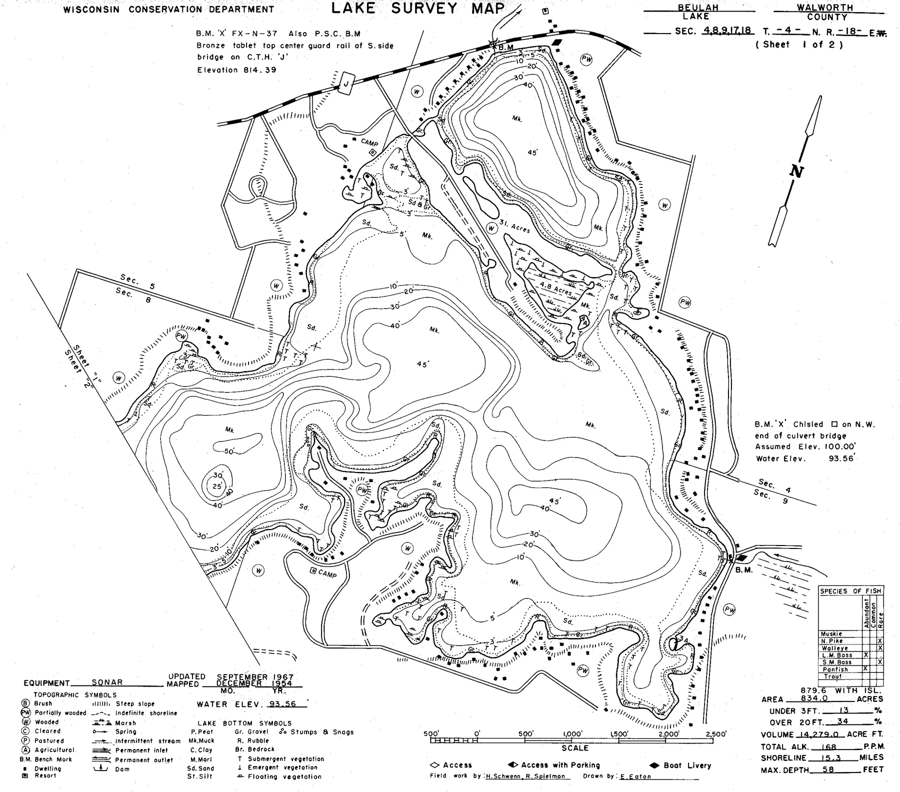 Lake Beulah historical Wisconsin DNR depth map sheet 1
