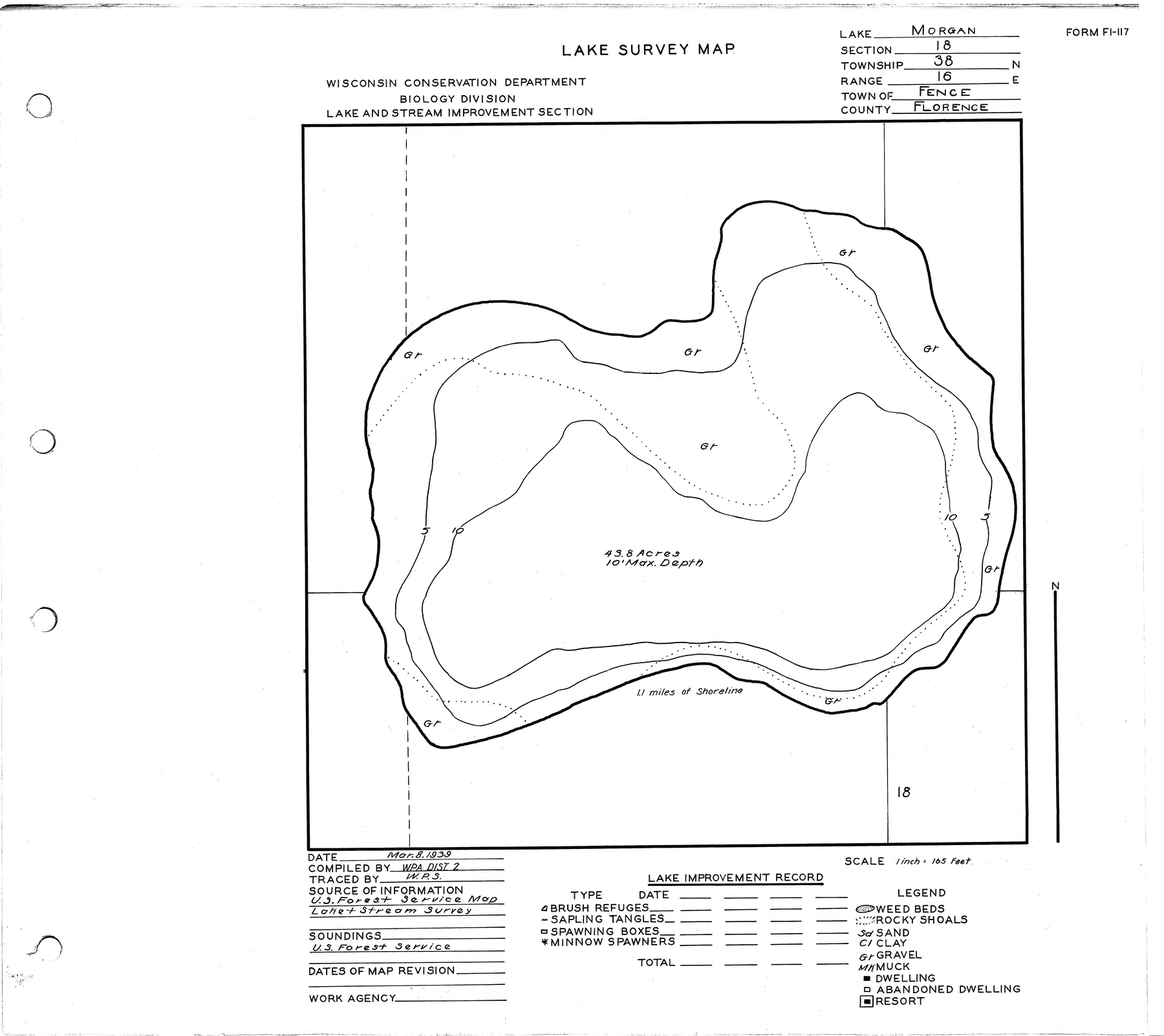 Morgan Lake historical Wisconsin DNR depth map sheet 1