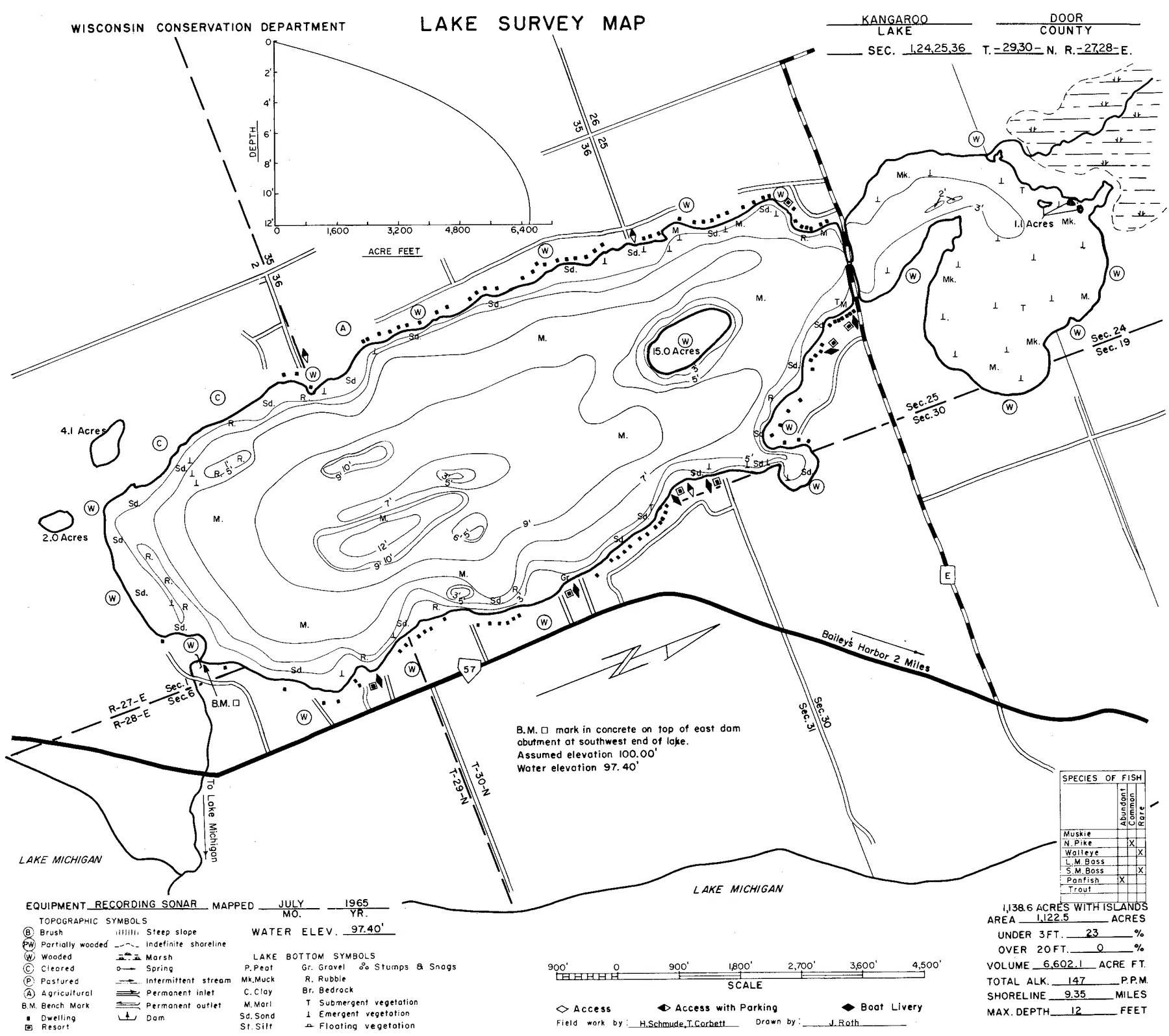 Kangaroo Lake historical Wisconsin DNR depth map sheet 1