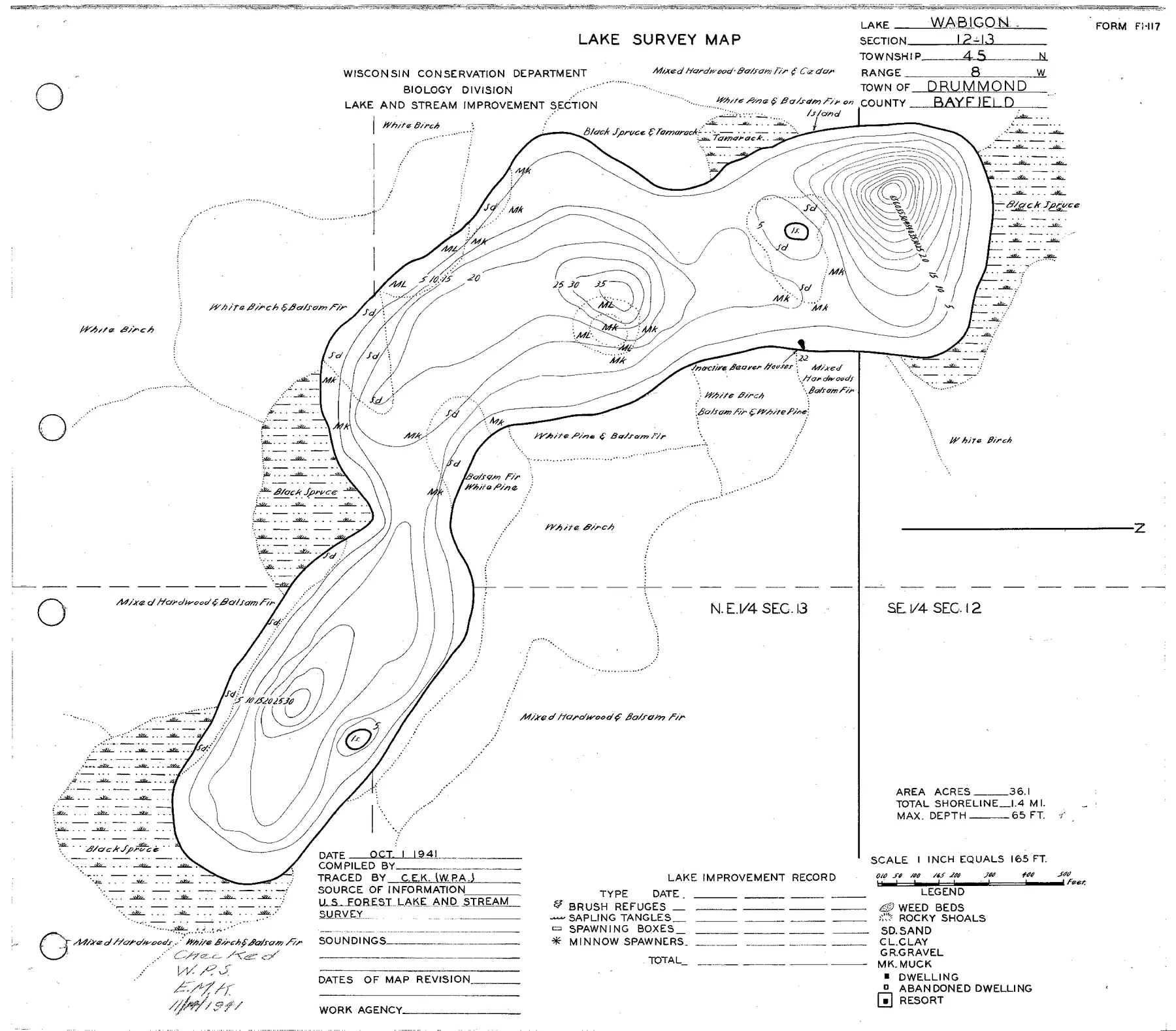 Wabigon Lake historical Wisconsin DNR depth map sheet 1