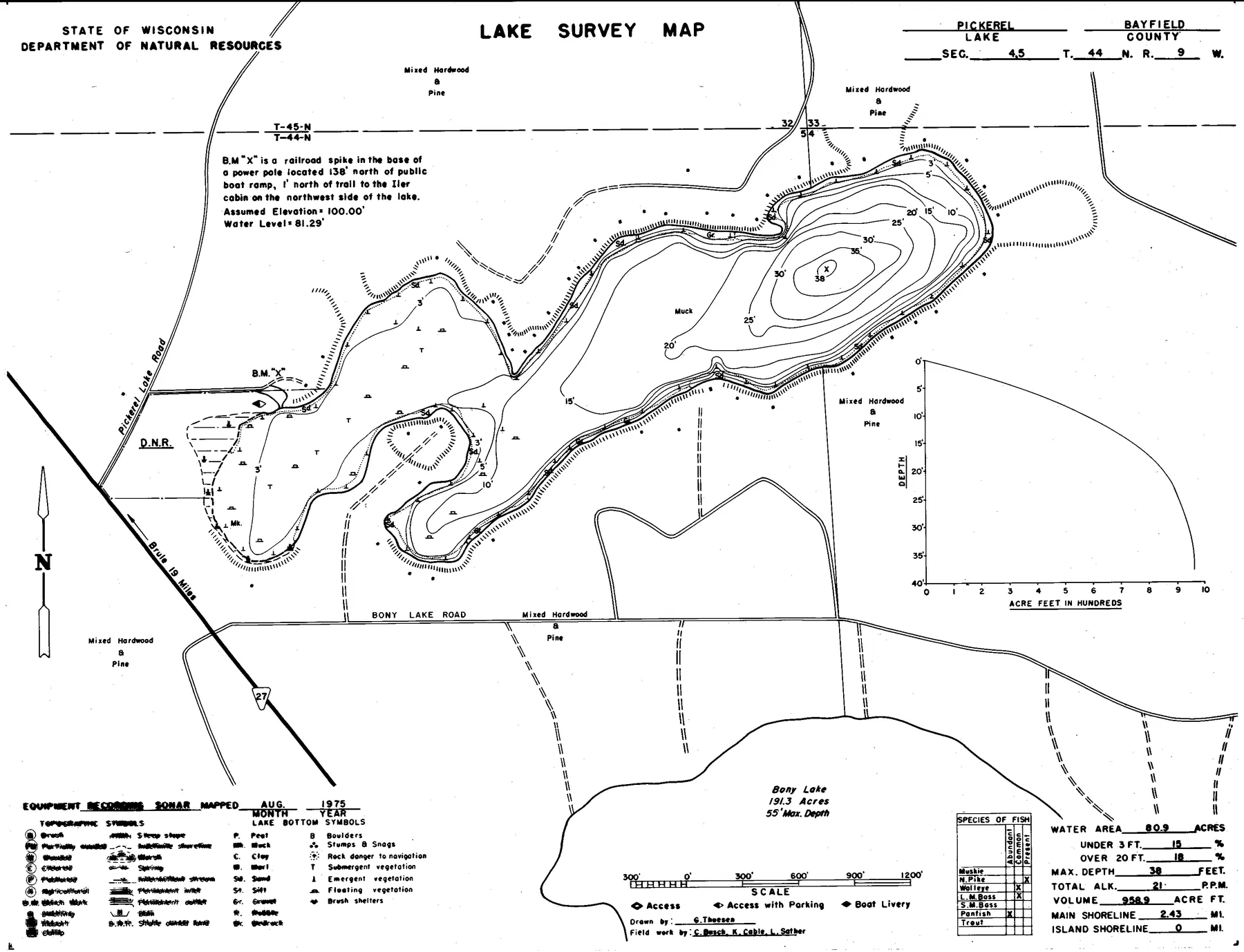 Pickerel Lake historical Wisconsin DNR depth map sheet 1
