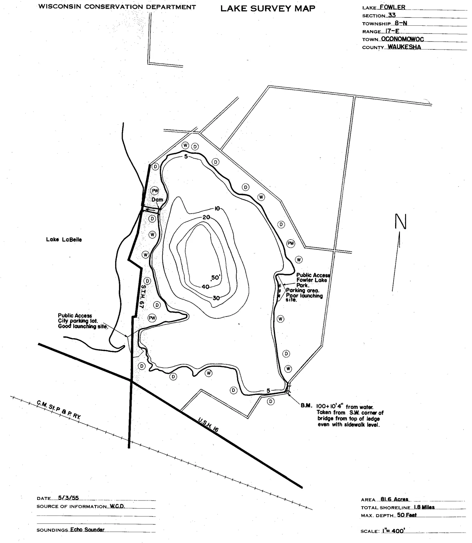 Fowler Lake historical Wisconsin DNR depth map sheet 1