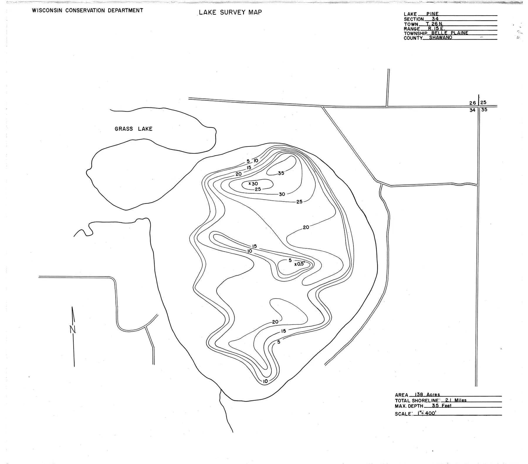 Pine Lake historical Wisconsin DNR depth map sheet 1