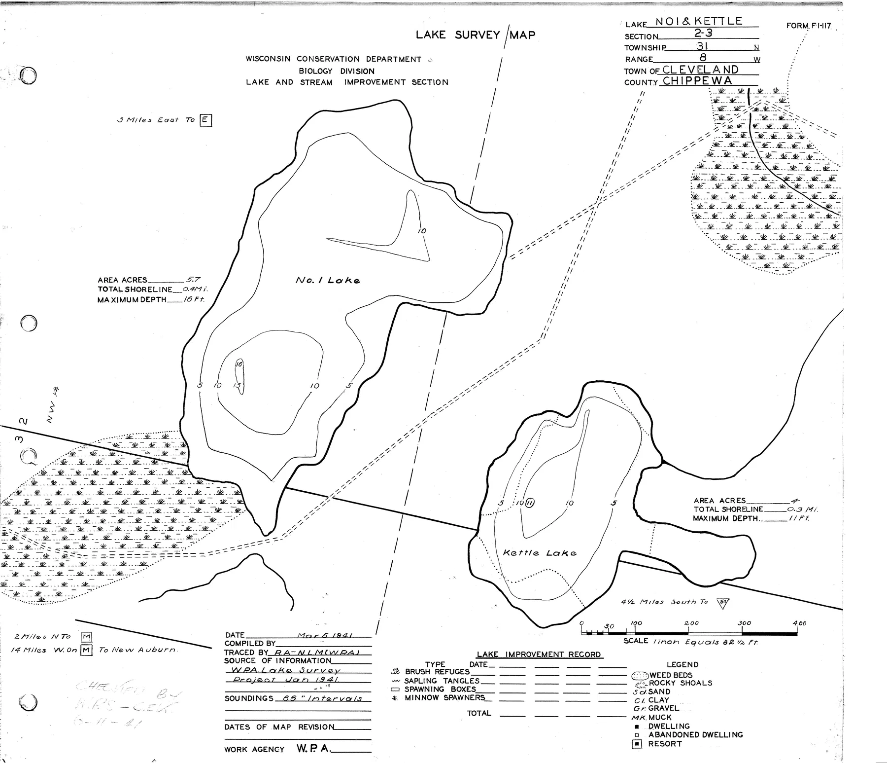 Number One Lake historical Wisconsin DNR depth map sheet 1