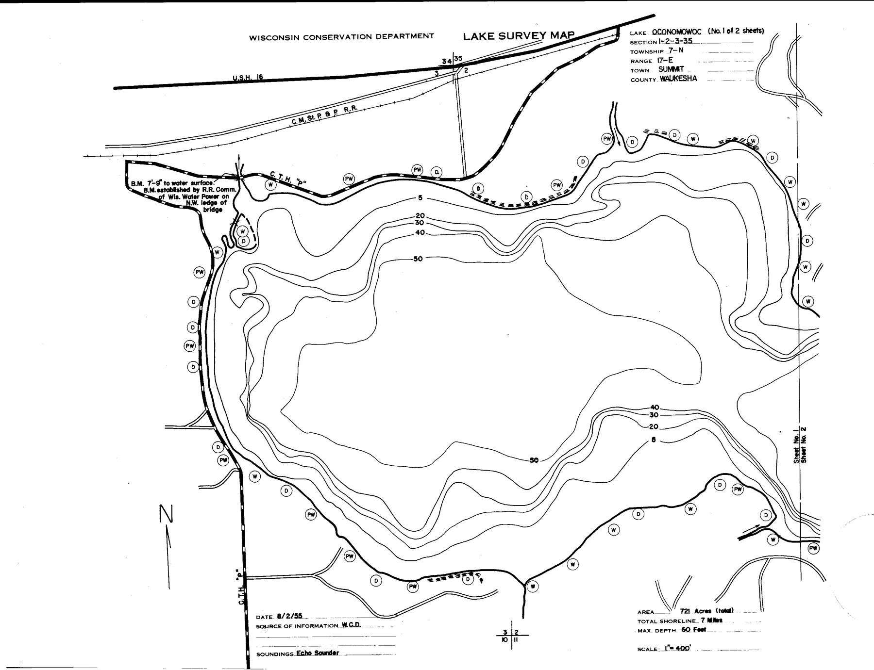 Oconomowoc Lake historical Wisconsin DNR depth map sheet 1