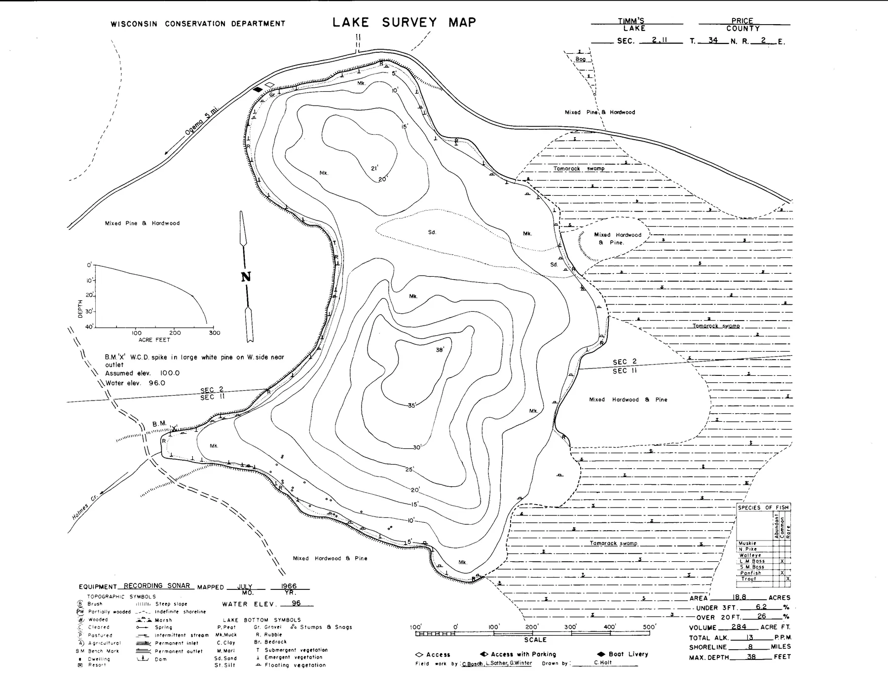Timms Lake historical Wisconsin DNR depth map sheet 1