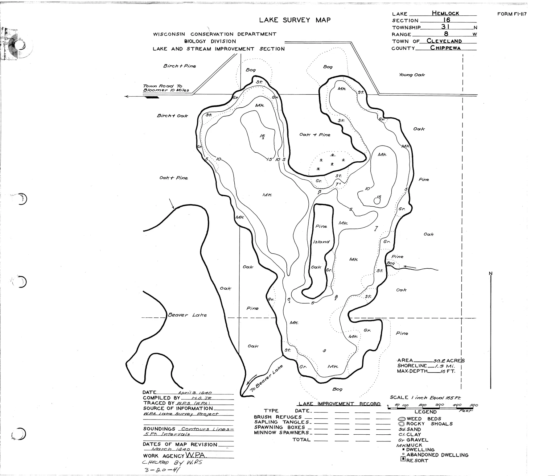 Hemlock Lake historical Wisconsin DNR depth map sheet 1