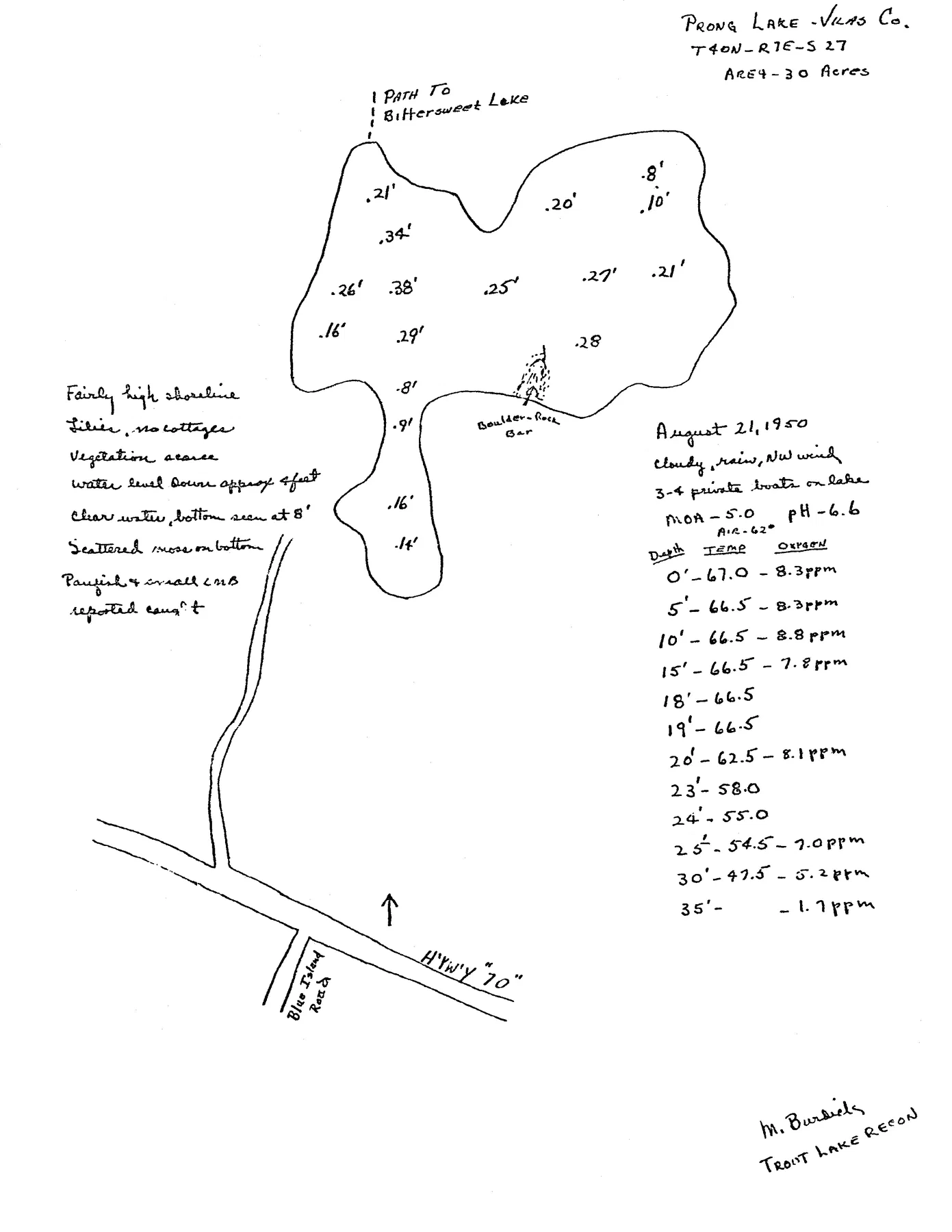 Prong Lake historical Wisconsin DNR depth map sheet 1
