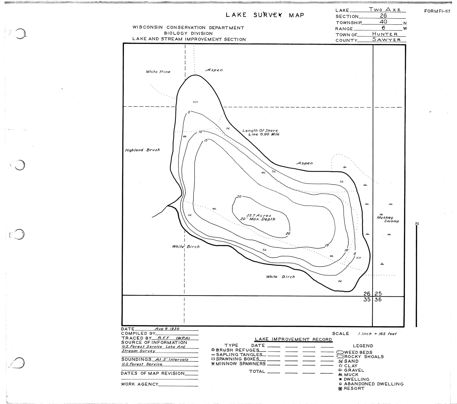Two Axe Lake historical Wisconsin DNR depth map sheet 1