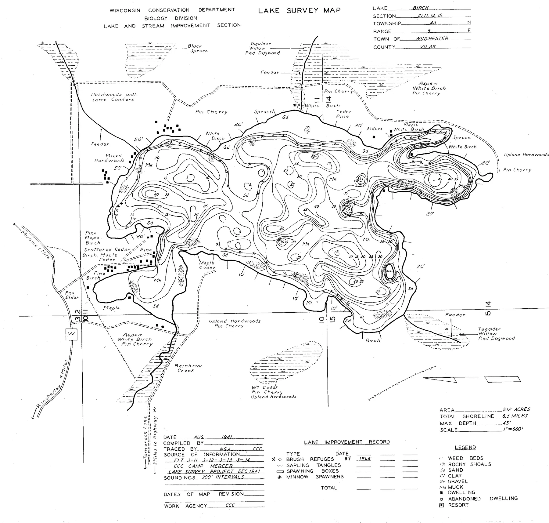 Birch Lake historical Wisconsin DNR depth map sheet 1