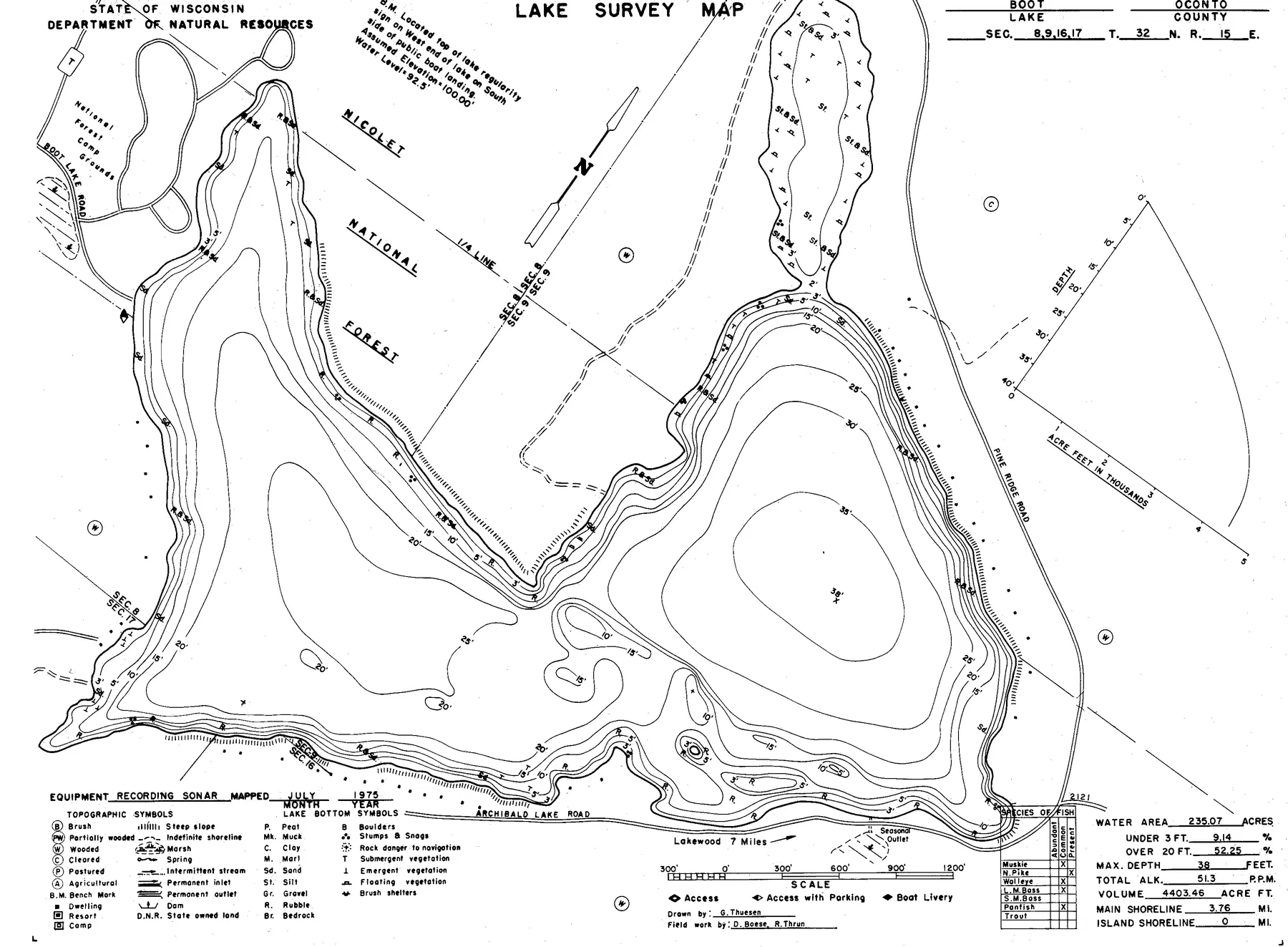 Boot Lake historical Wisconsin DNR depth map sheet 1
