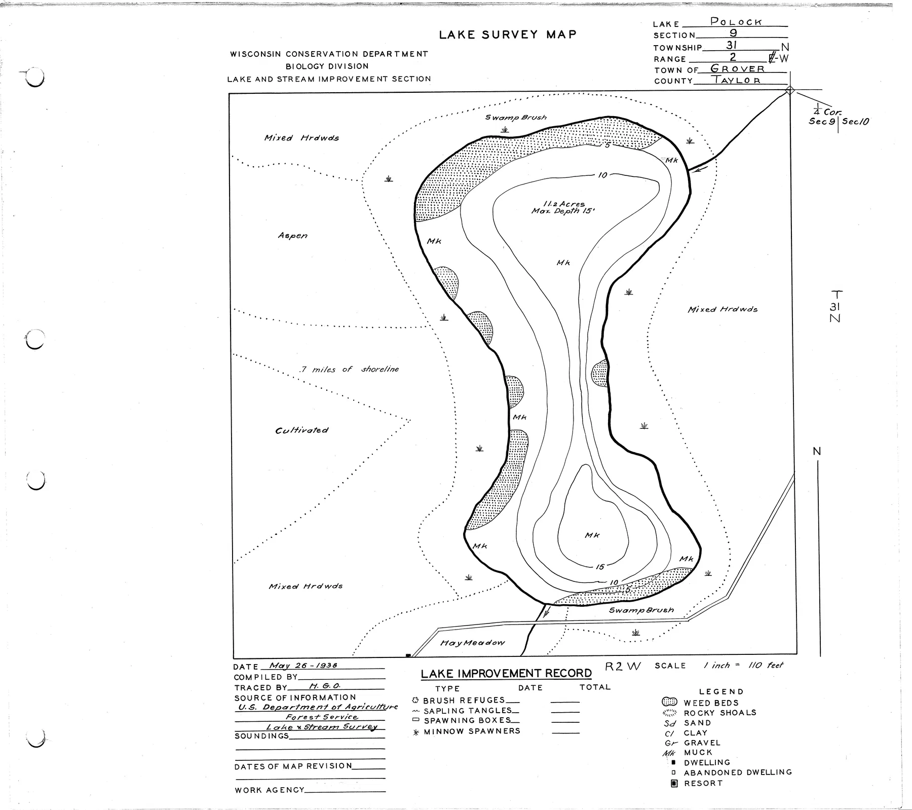 Polack Lake historical Wisconsin DNR depth map sheet 1