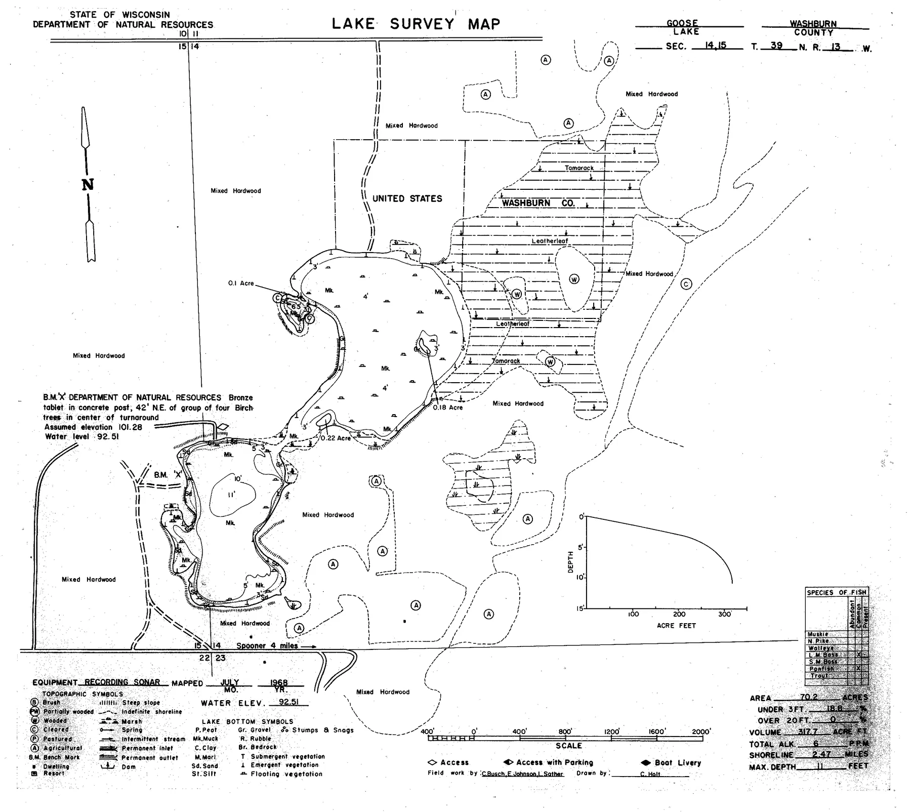Goose Lake historical Wisconsin DNR depth map sheet 1