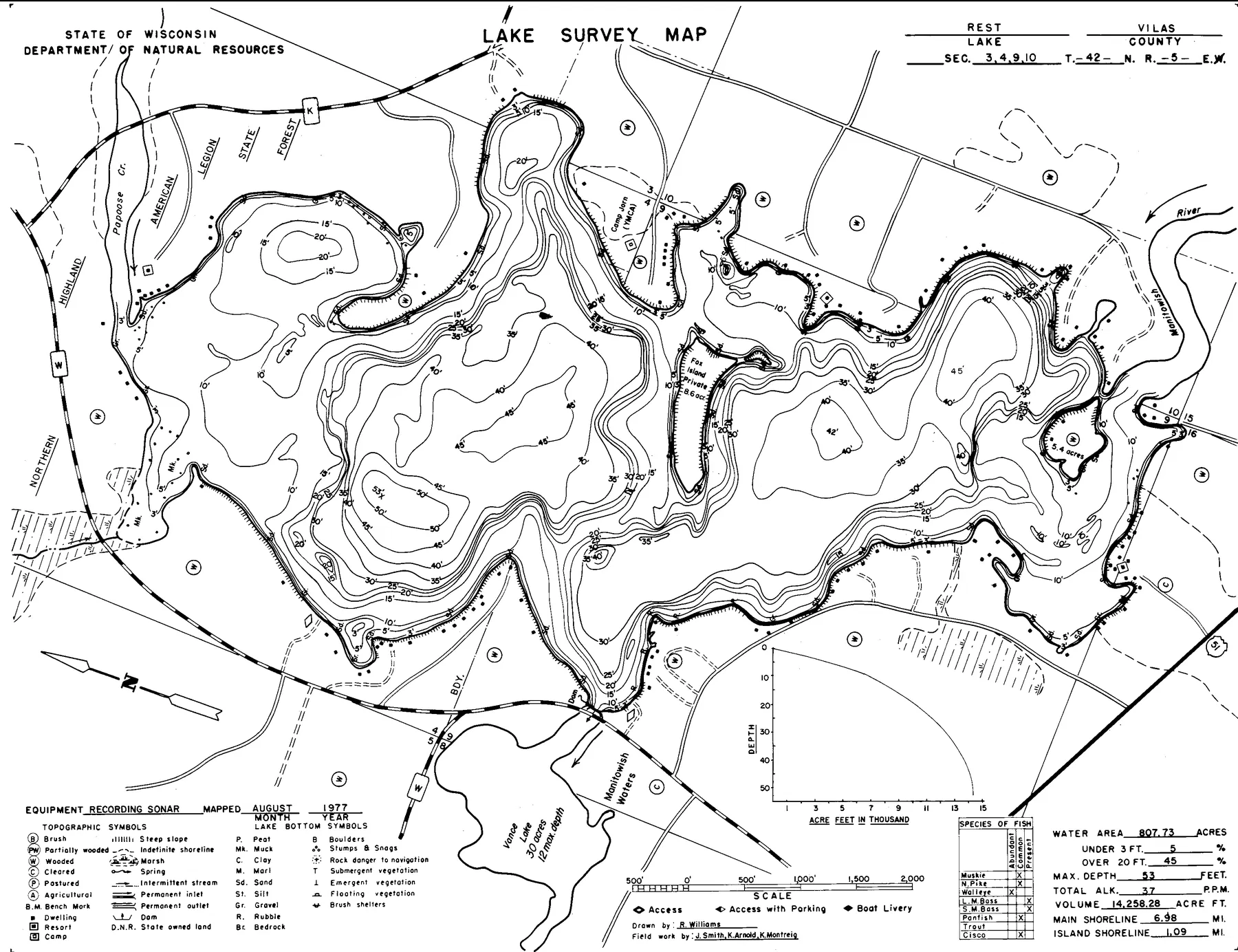 Rest Lake historical Wisconsin DNR depth map sheet 1