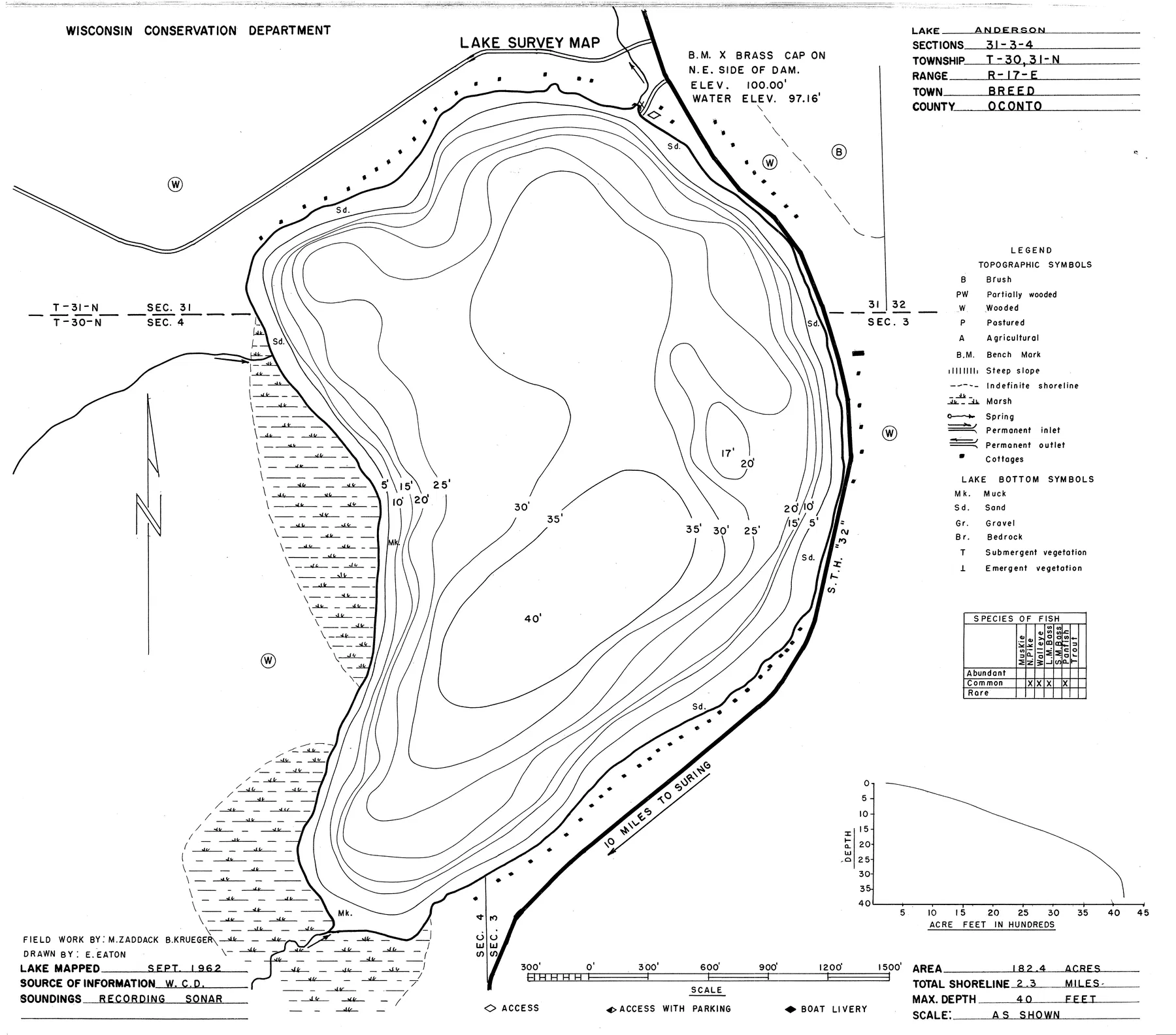 Anderson Lake historical Wisconsin DNR depth map sheet 1