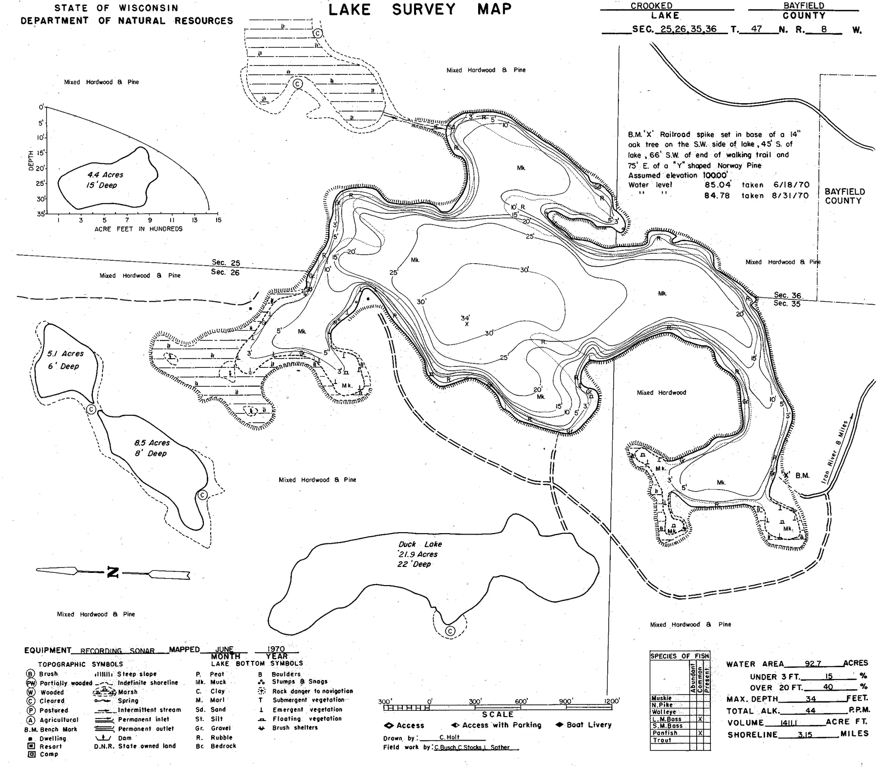 Crooked Lake historical Wisconsin DNR depth map sheet 1