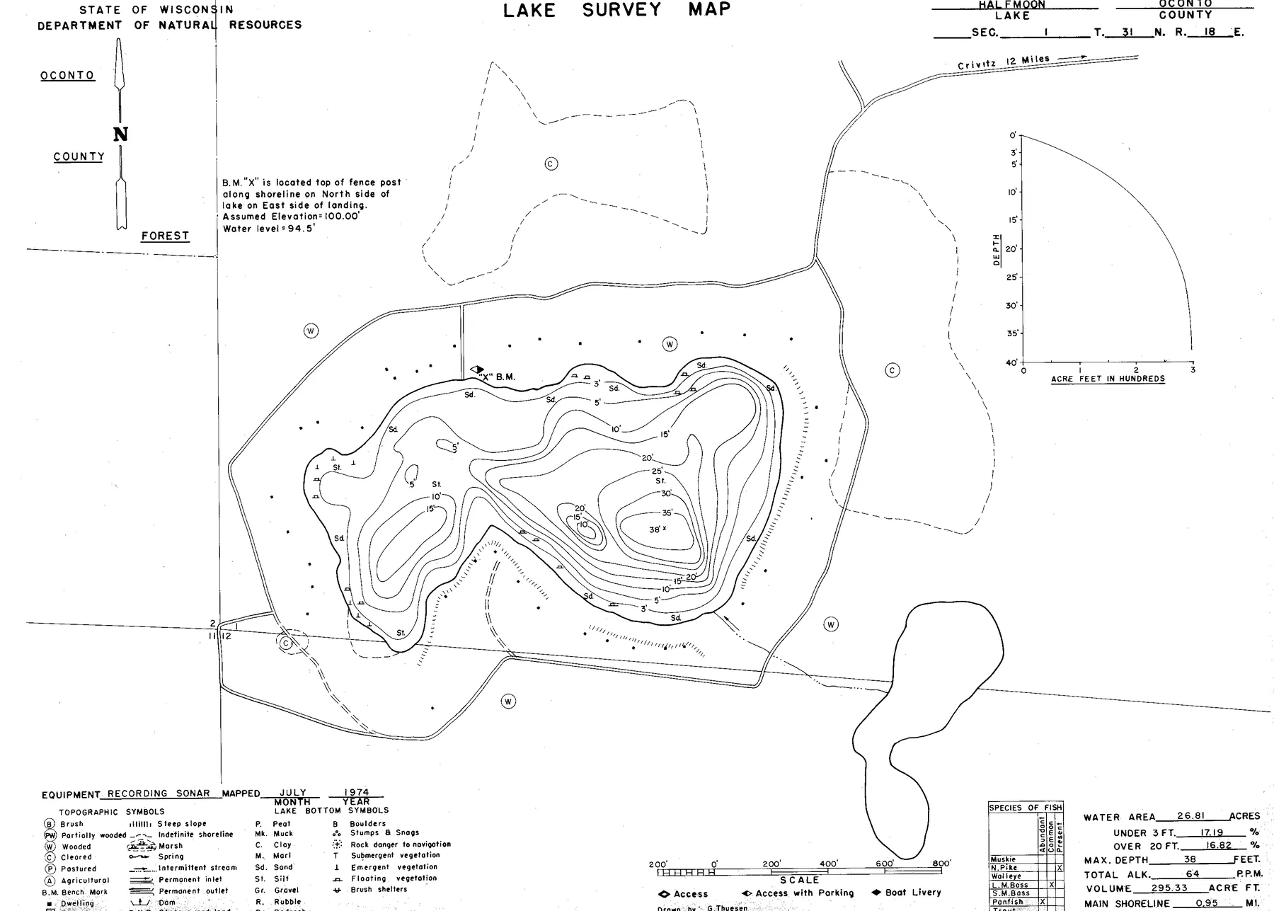 Halfmoon Lake historical Wisconsin DNR depth map sheet 1