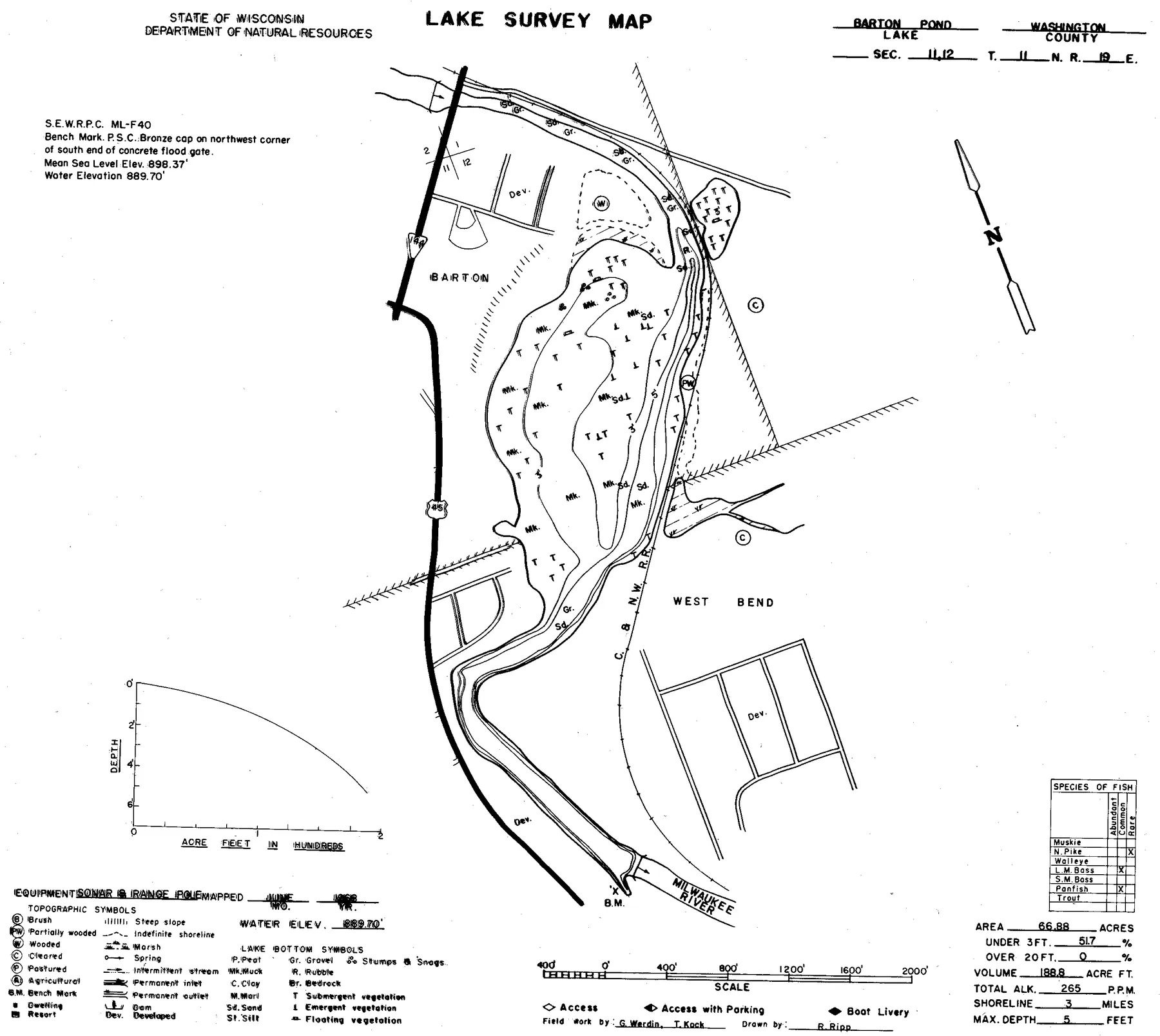 Barton Pond historical Wisconsin DNR depth map sheet 1