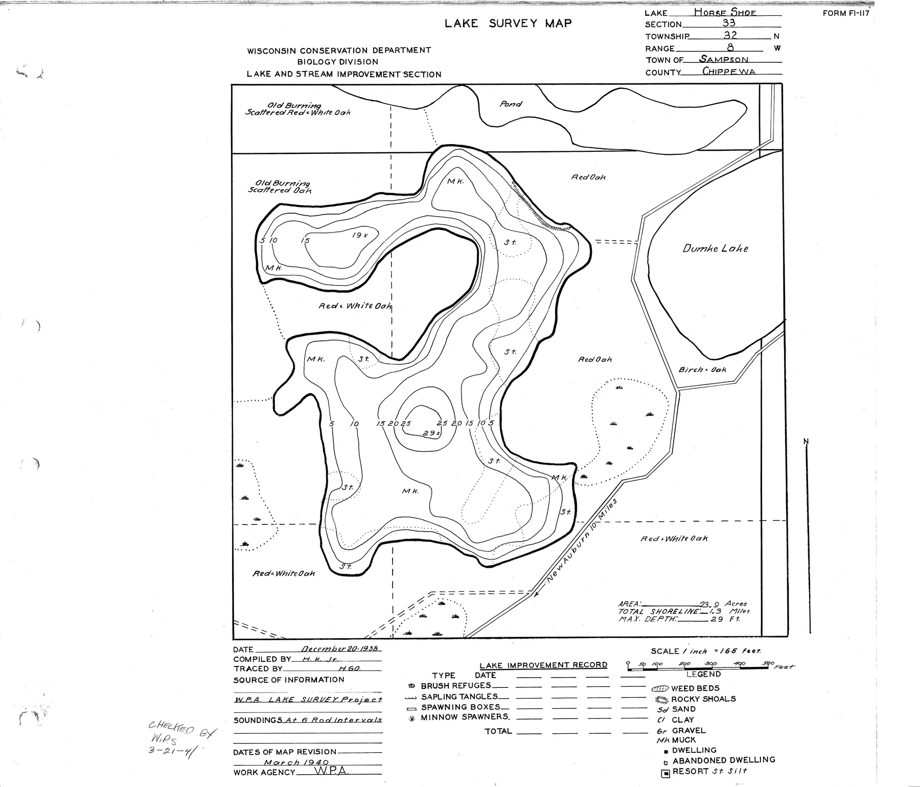 Horseshoe Lake historical Wisconsin DNR depth map sheet 1