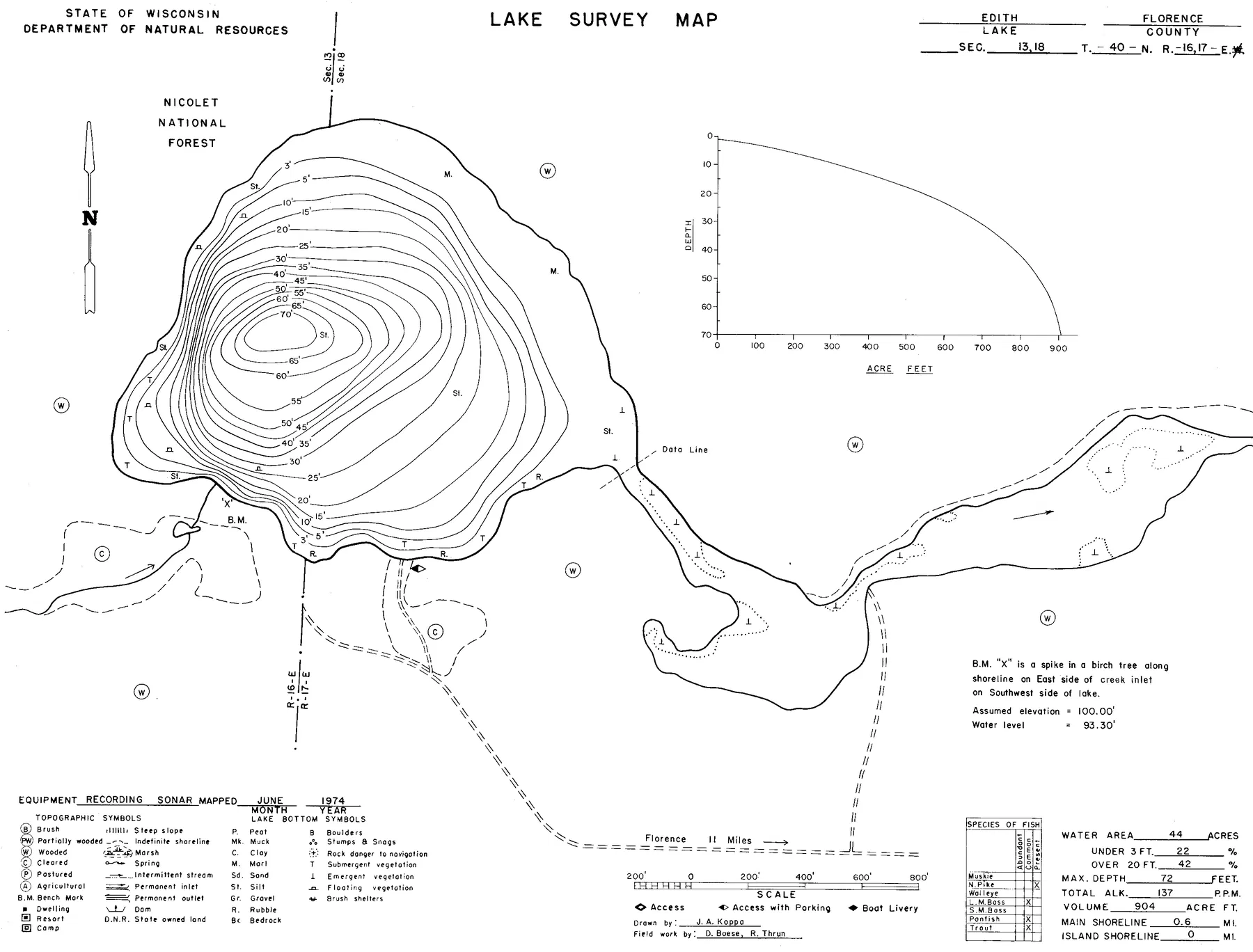Edith Lake historical Wisconsin DNR depth map sheet 1