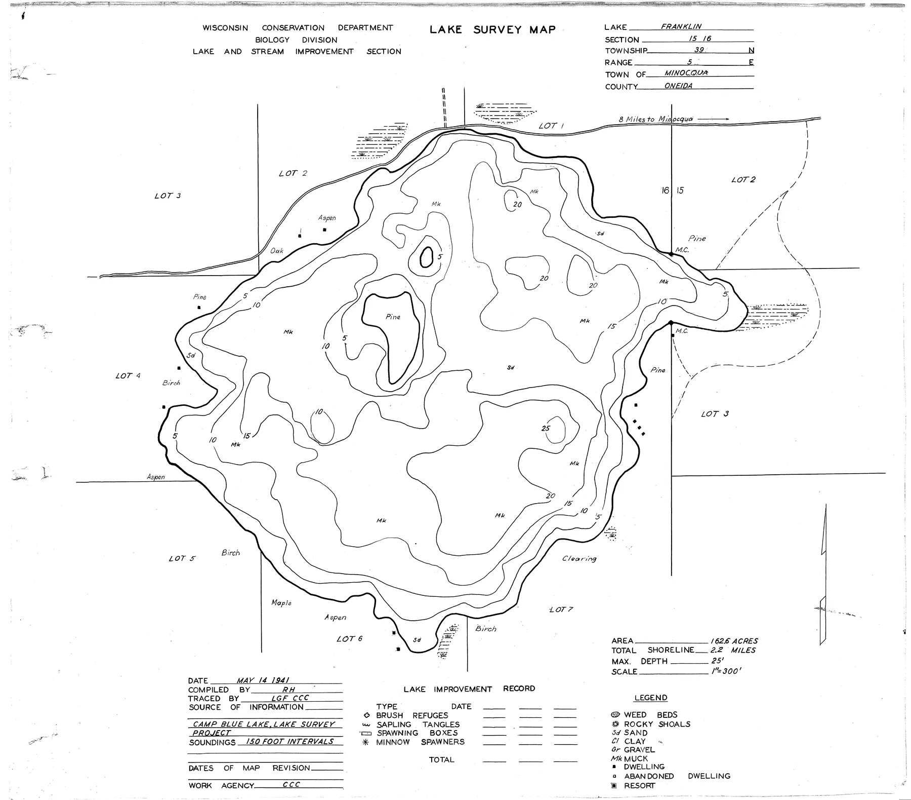 Franklin Lake historical Wisconsin DNR depth map sheet 1