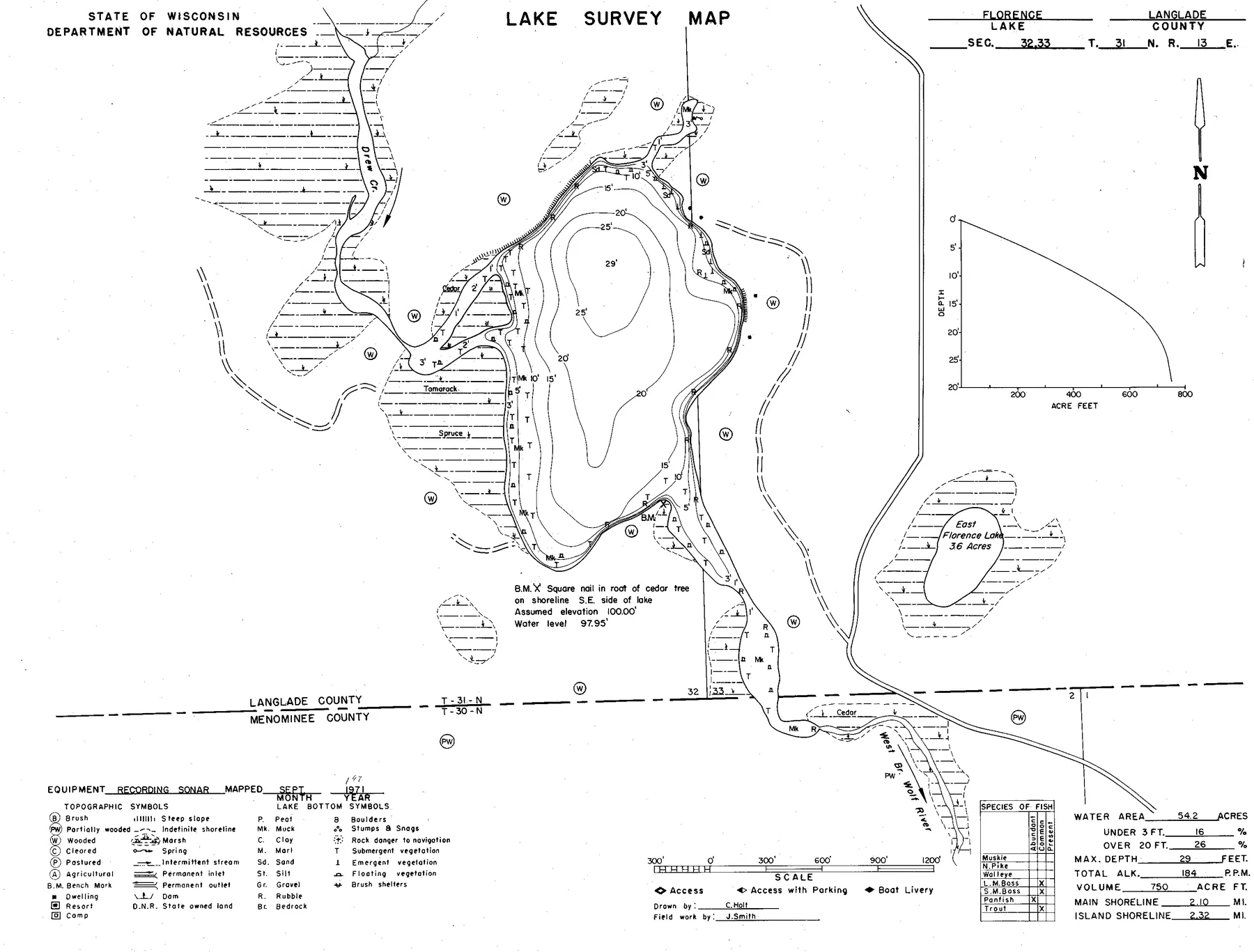 Florence Lake historical Wisconsin DNR depth map sheet 1