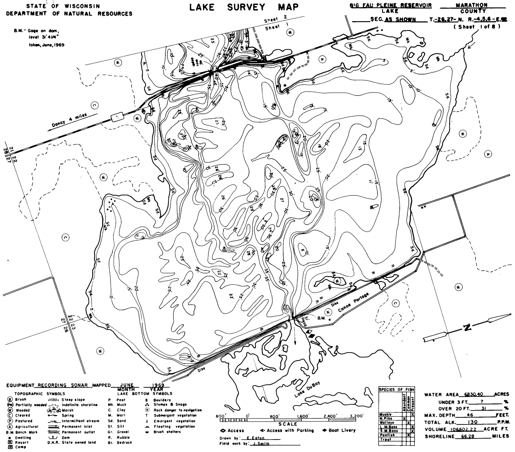 Big Eau Pleine Reservoir historical Wisconsin DNR depth map sheet 1