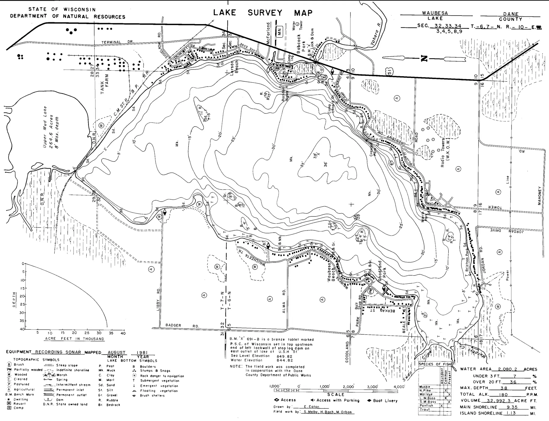 Lake Waubesa historical Wisconsin DNR depth map sheet 1