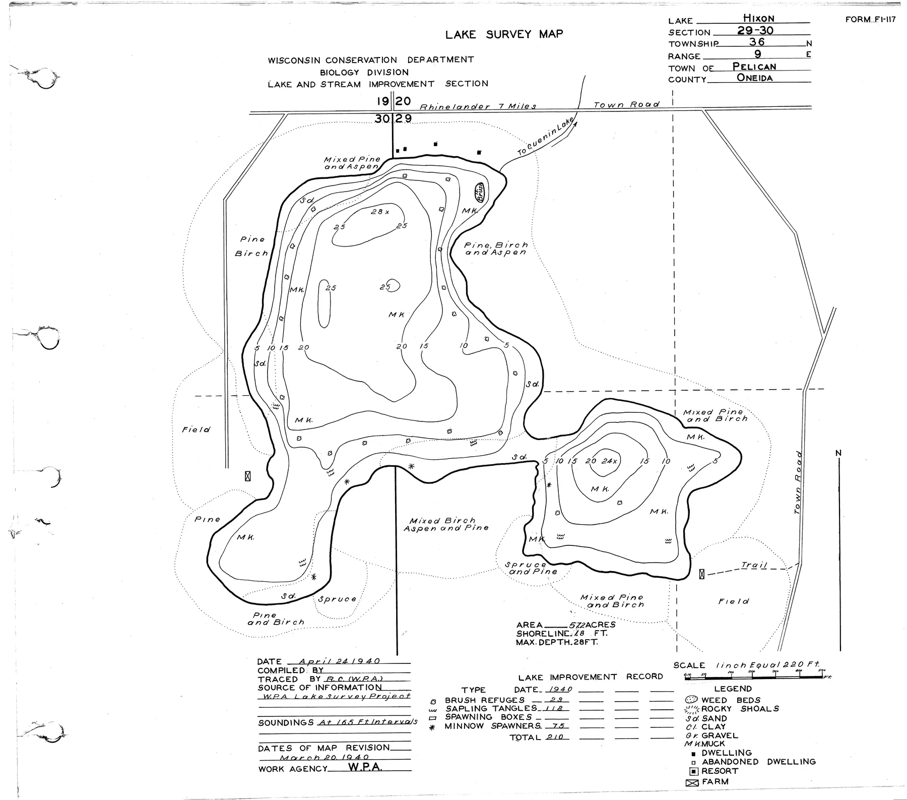 Hixon Lake historical Wisconsin DNR depth map sheet 1