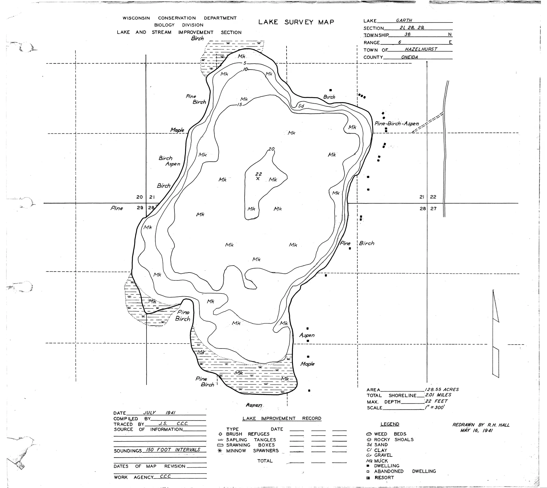 Garth Lake historical Wisconsin DNR depth map sheet 1