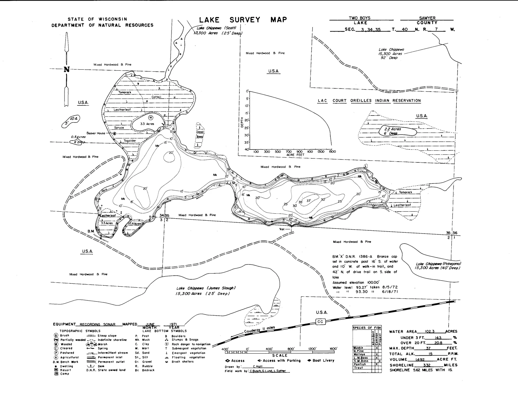 Two Boys Lake historical Wisconsin DNR depth map sheet 1