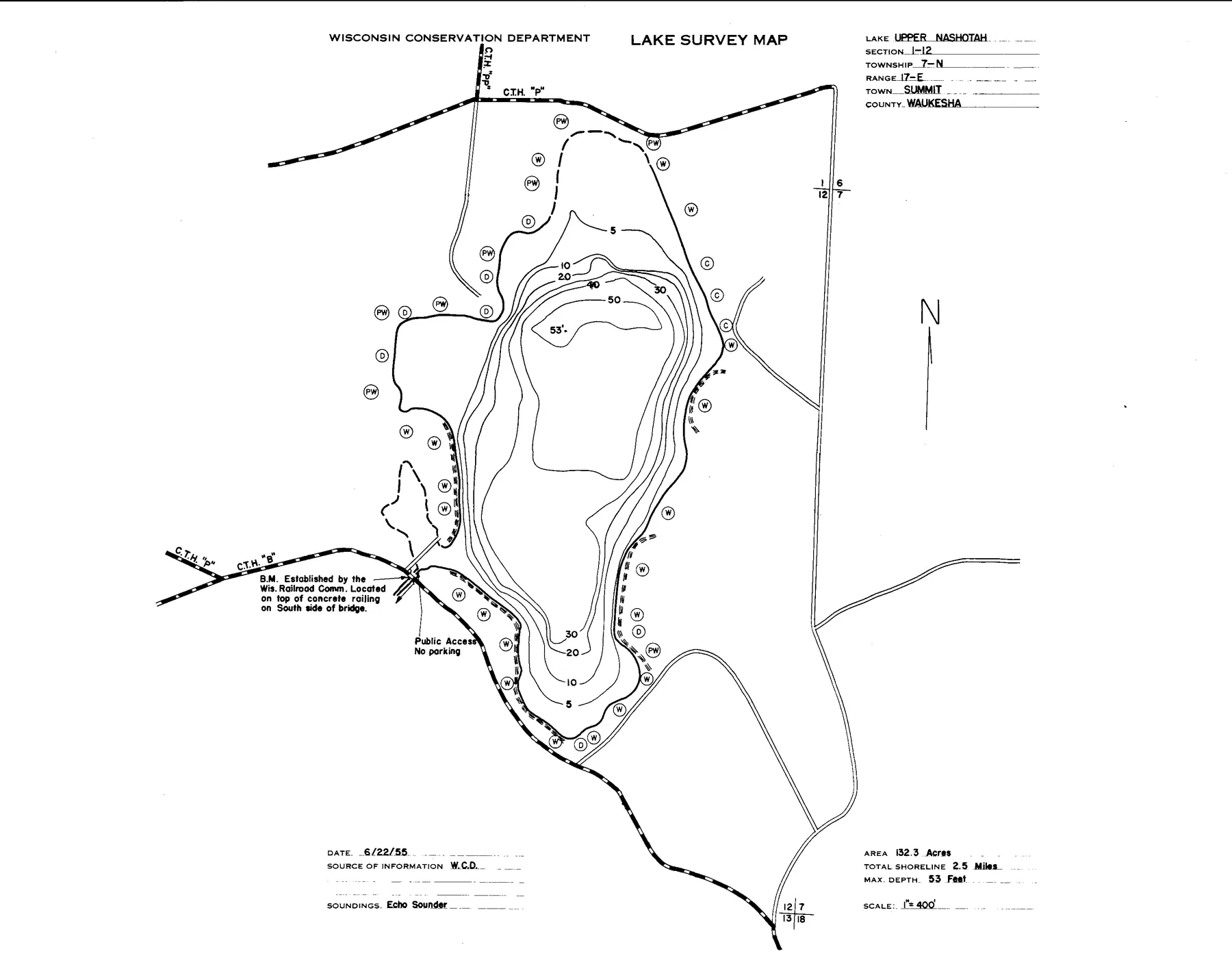Upper Nashotah Lake historical Wisconsin DNR depth map sheet 1