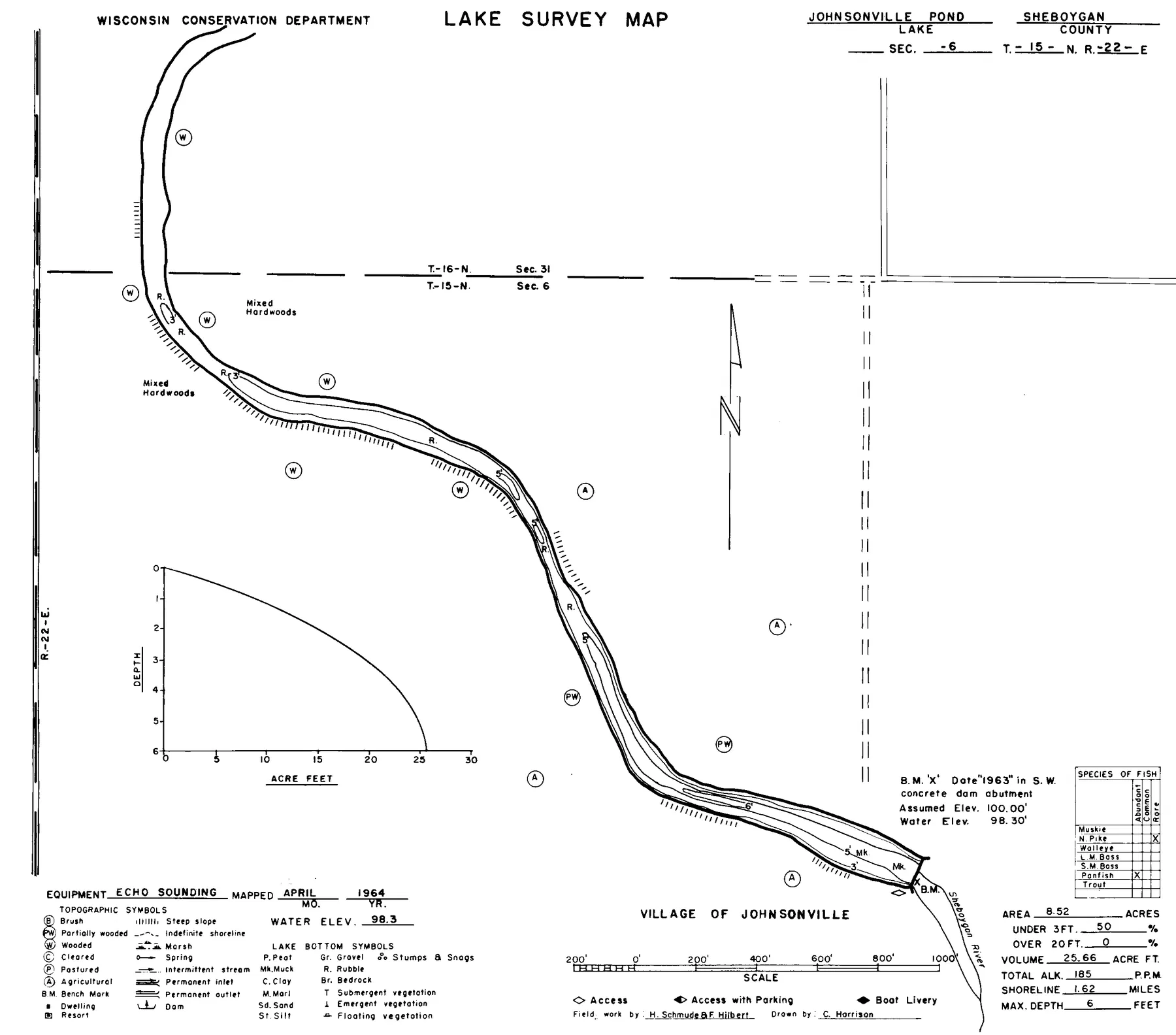 Johnsonville Pond historical Wisconsin DNR depth map sheet 1